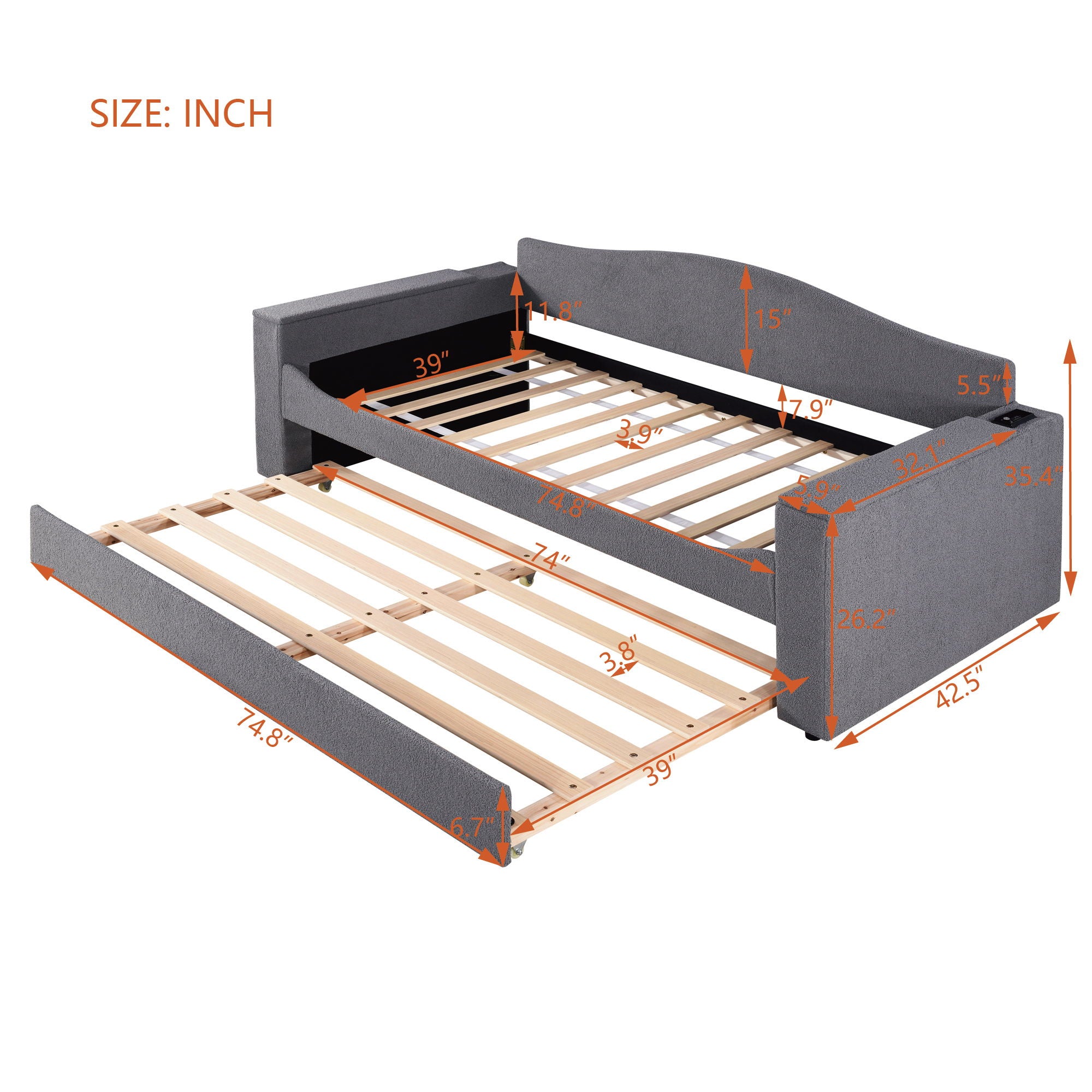 Upholstered Daybed With Storage Armrests, Trundle And Latest Integrated Bluetooth Audio System
