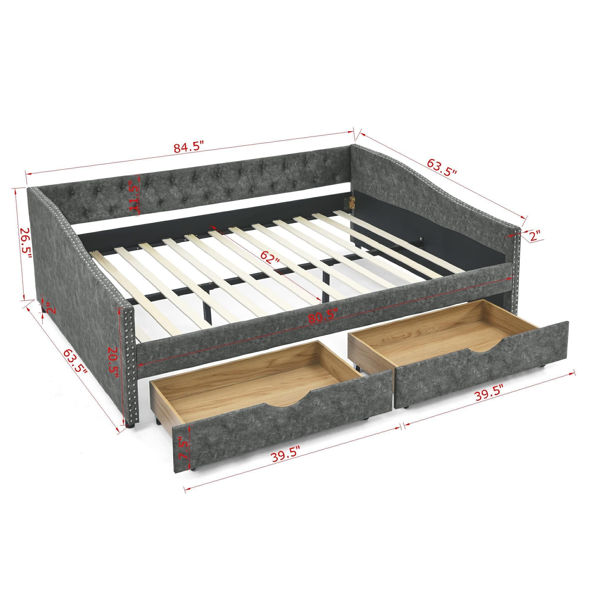 Upholstered Tufted Daybed With Drawers, Waved Arms