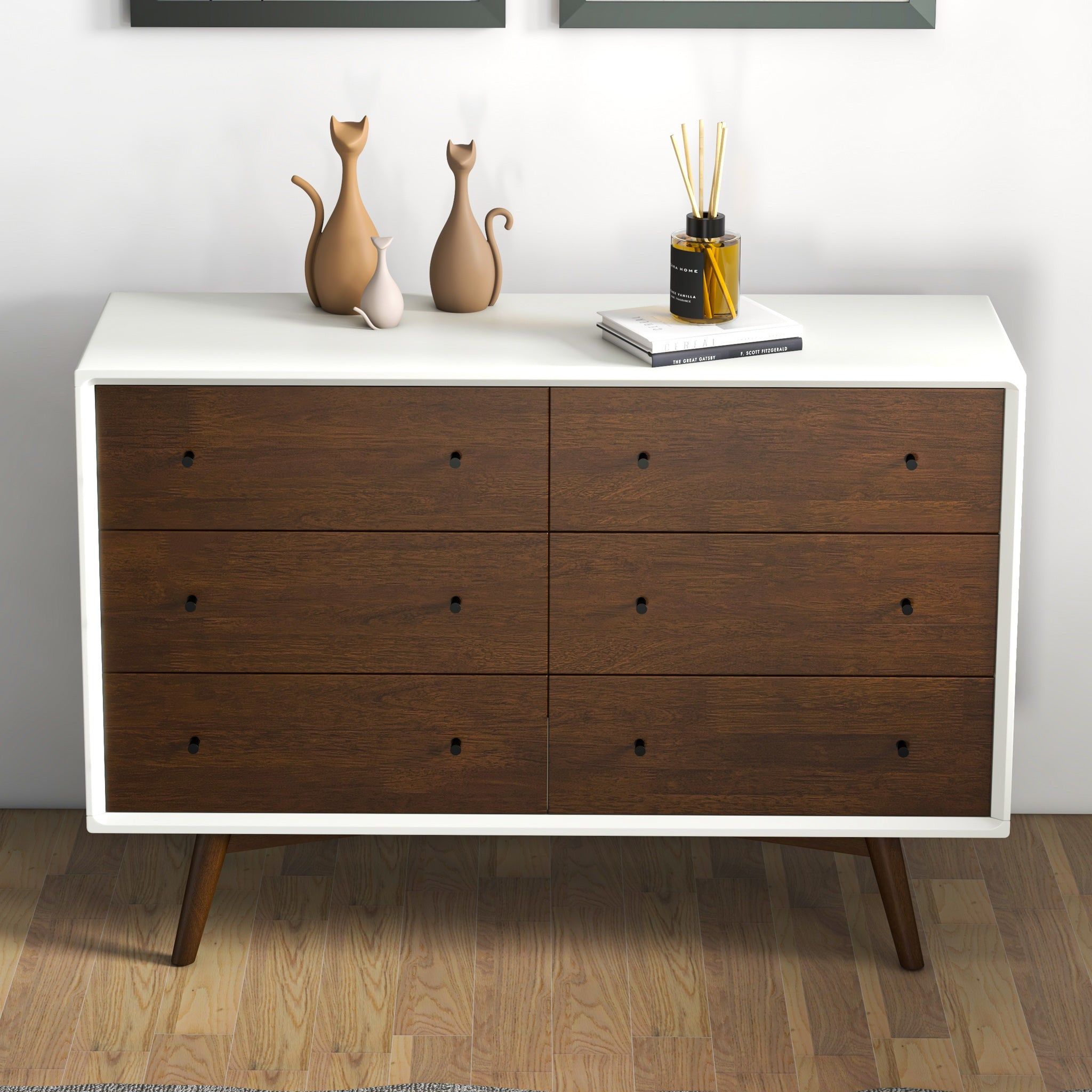 Mid-Century Modern White Dresser 6 Drawer - Dark Brown / White