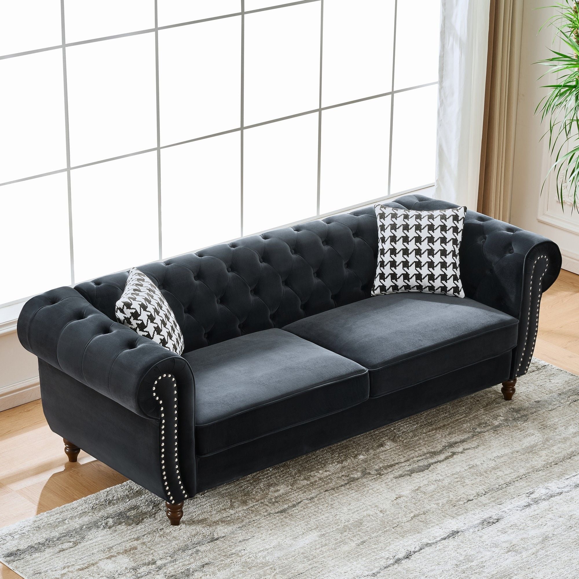 Chesterfield Upholstery Fabric Sofa With Roll Armrest & Nailhead, Mid Century Modern 3 And 3 Seater Couch
