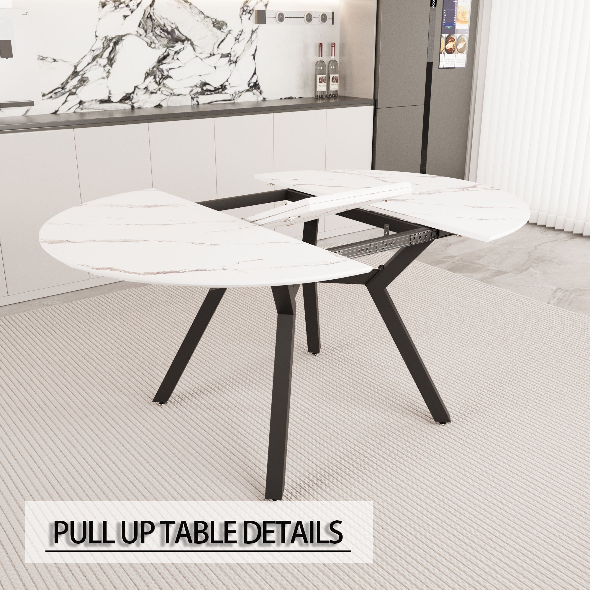 Modern Extendable White Circular Dining Table with MDF Top and Metal Legs for 4-6 Persons