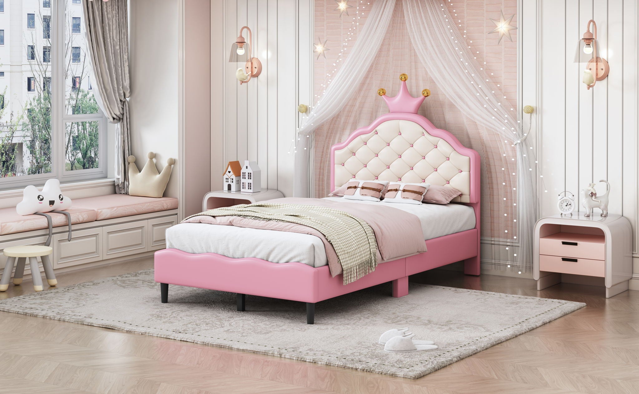 Lovely Crown Fantasy Princess Bed With Tufted Headboard
