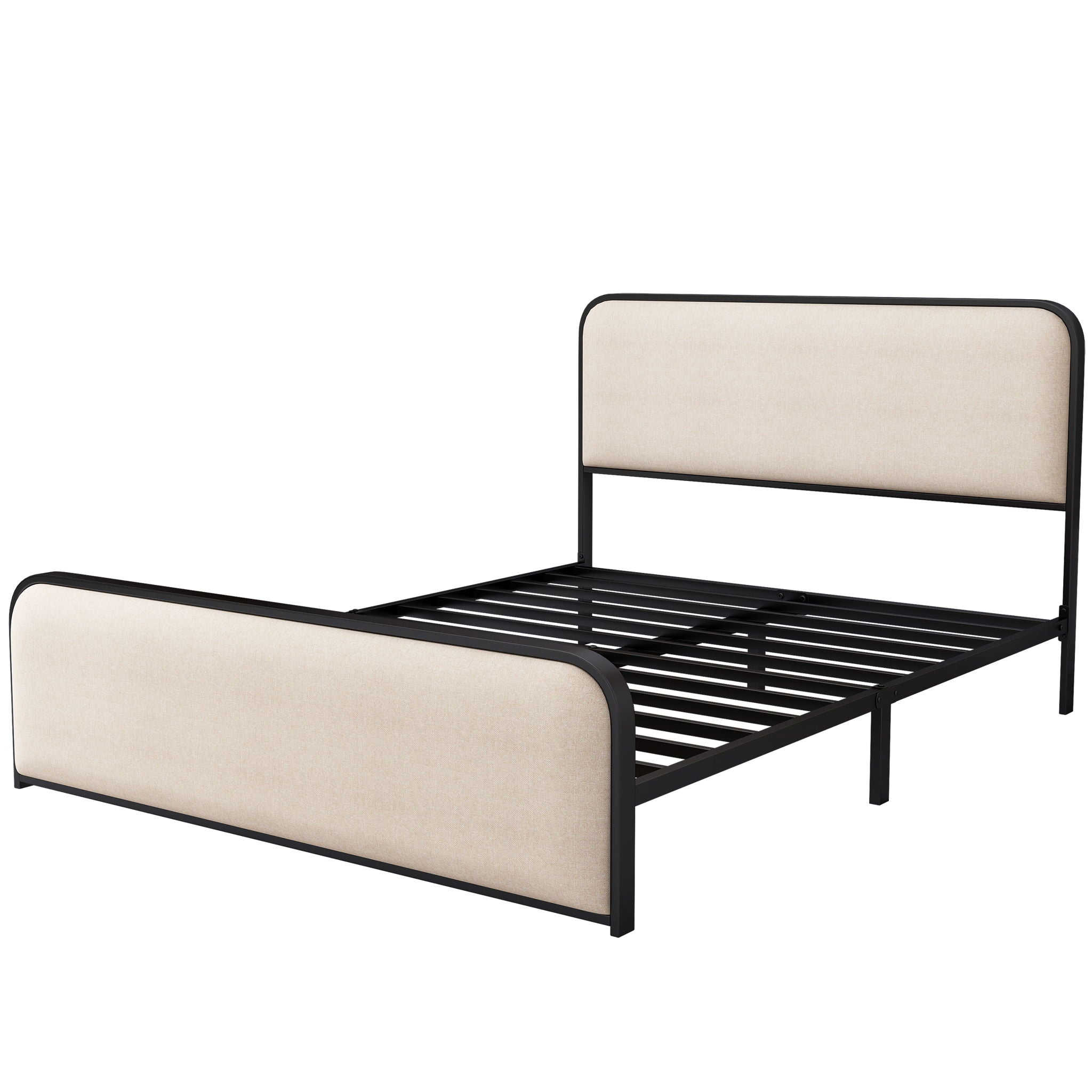 Modern Bed With Curved Upholstered Headboard And Footboard, Heavy Duty Metal Slats