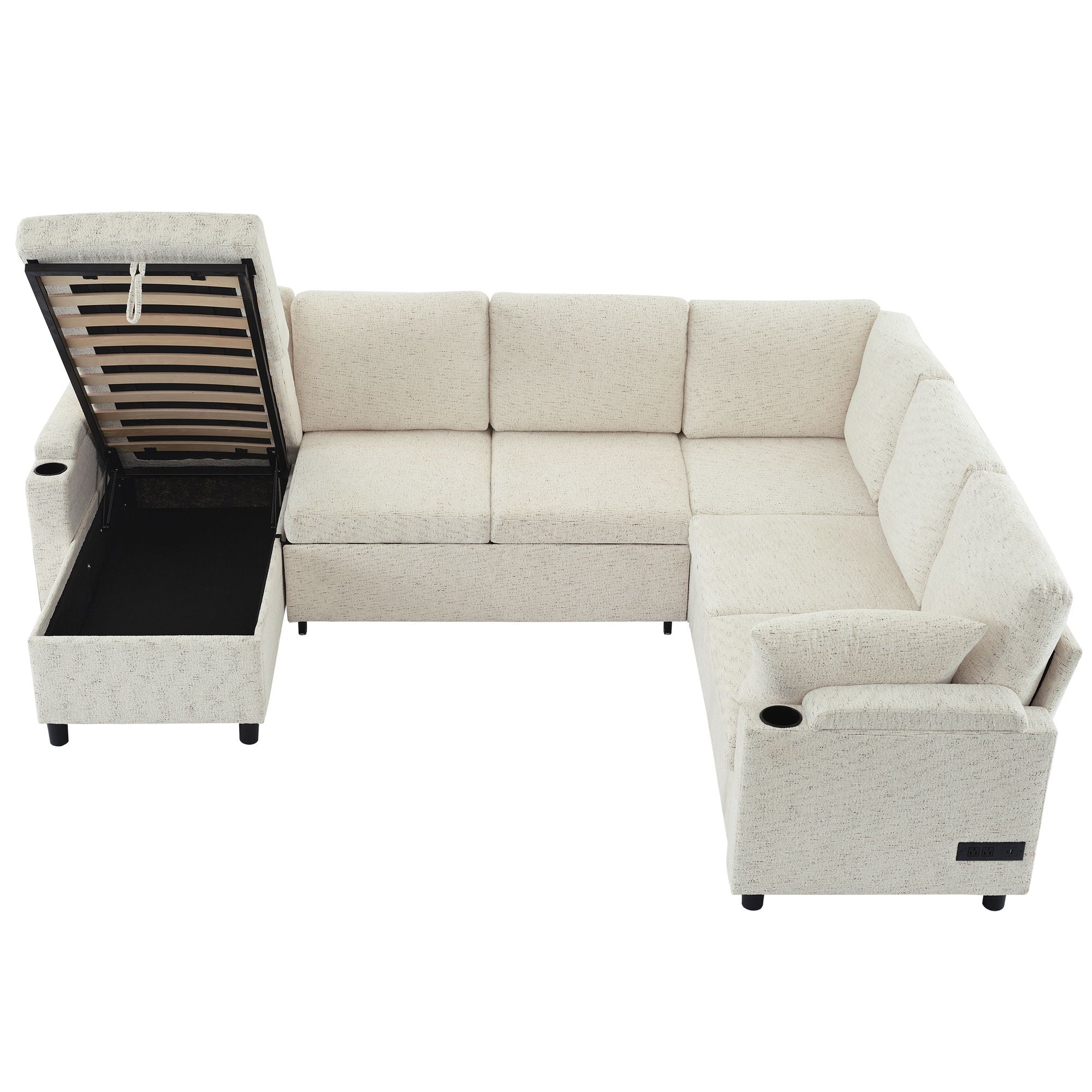 U-Shaped Sectional Sleeper Sofa With Ample Storage Space, 2 Cup Holders And Charging Ports For Living Room