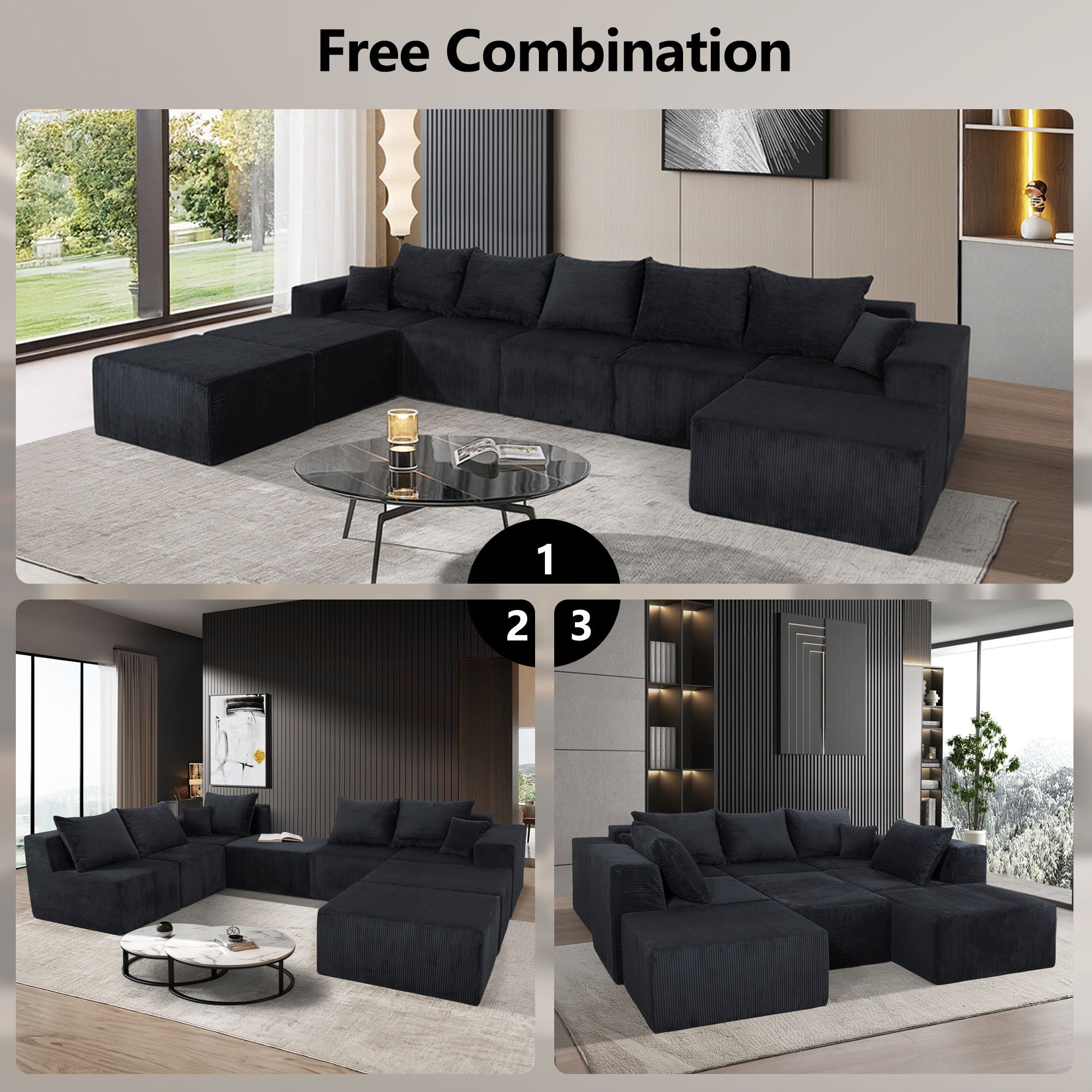 Luxury 8 Piece Modular U Shaped Sectional Sofa With Oversized Chaise Lounge And Bed Corduroy Upholstery