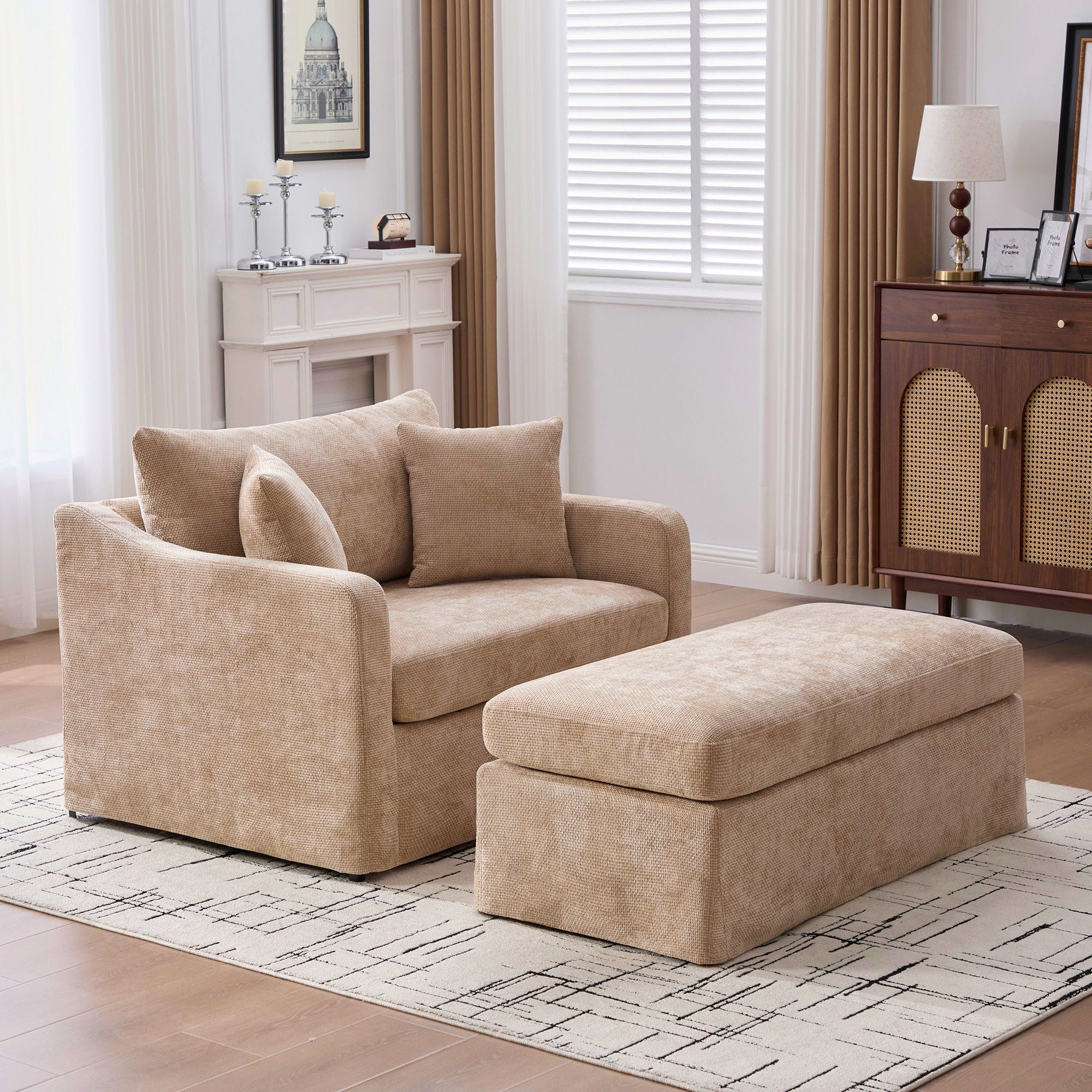 Accent Chair Wide With 2 Bolster Pillows, And Matching Ottoman