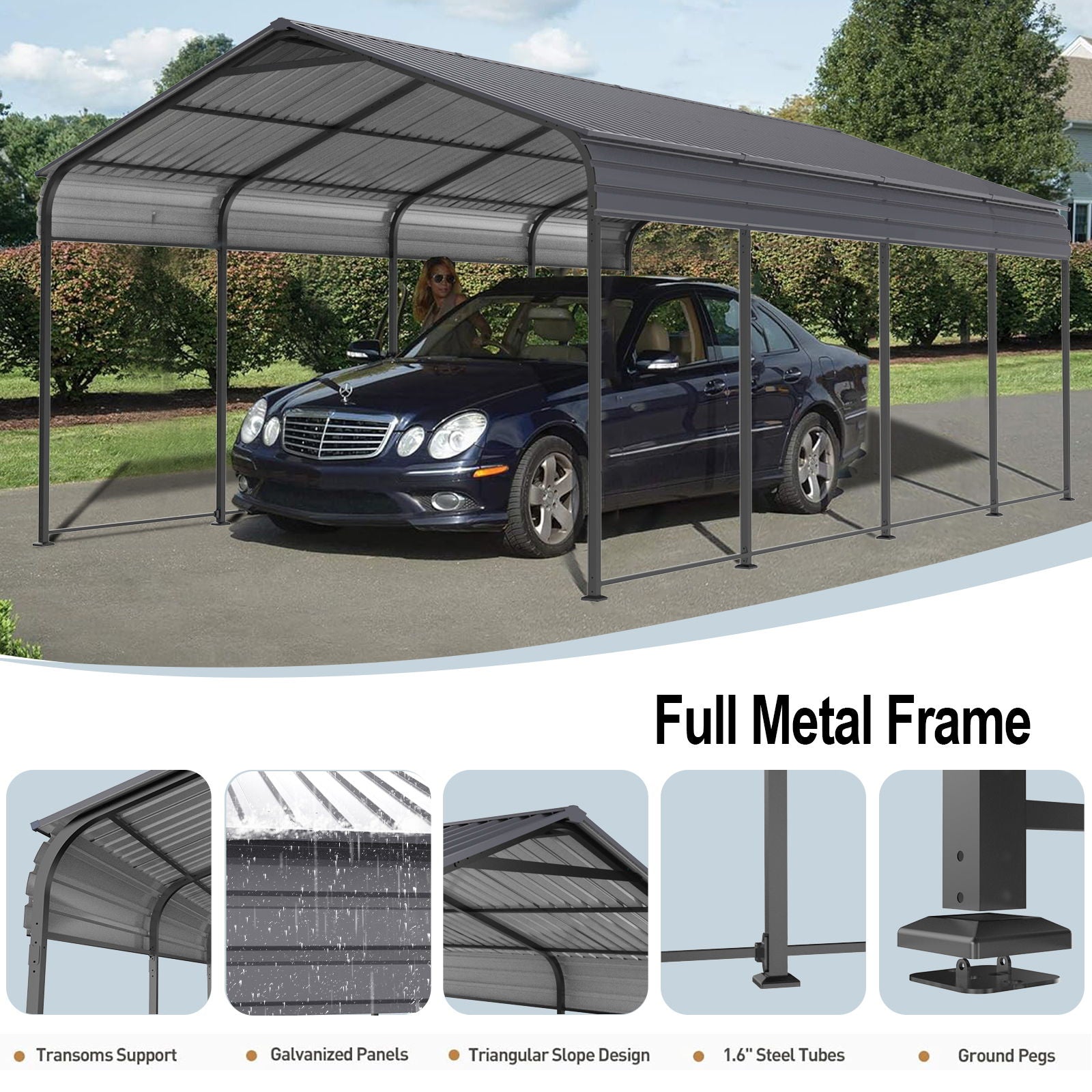 Metal Carport 12 X 20 Ft Heavy Duty With Galvanized Steel Roof Metal Garage Canopy With Galvanized Steel Roof & Frame Car Tent Outdoor Storage Shed For Car Boats And Truck - Alabaster / Dark Gray
