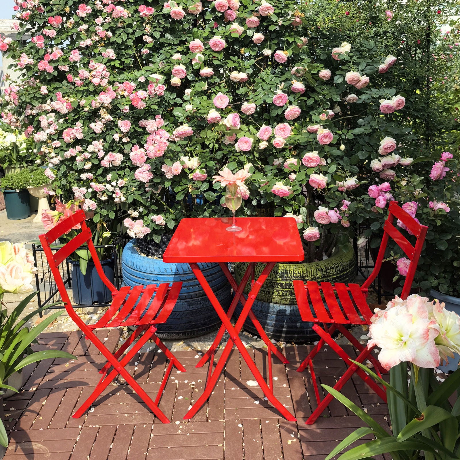 3 Piece Patio Bistro Set Of Foldable Square Table And Chairs