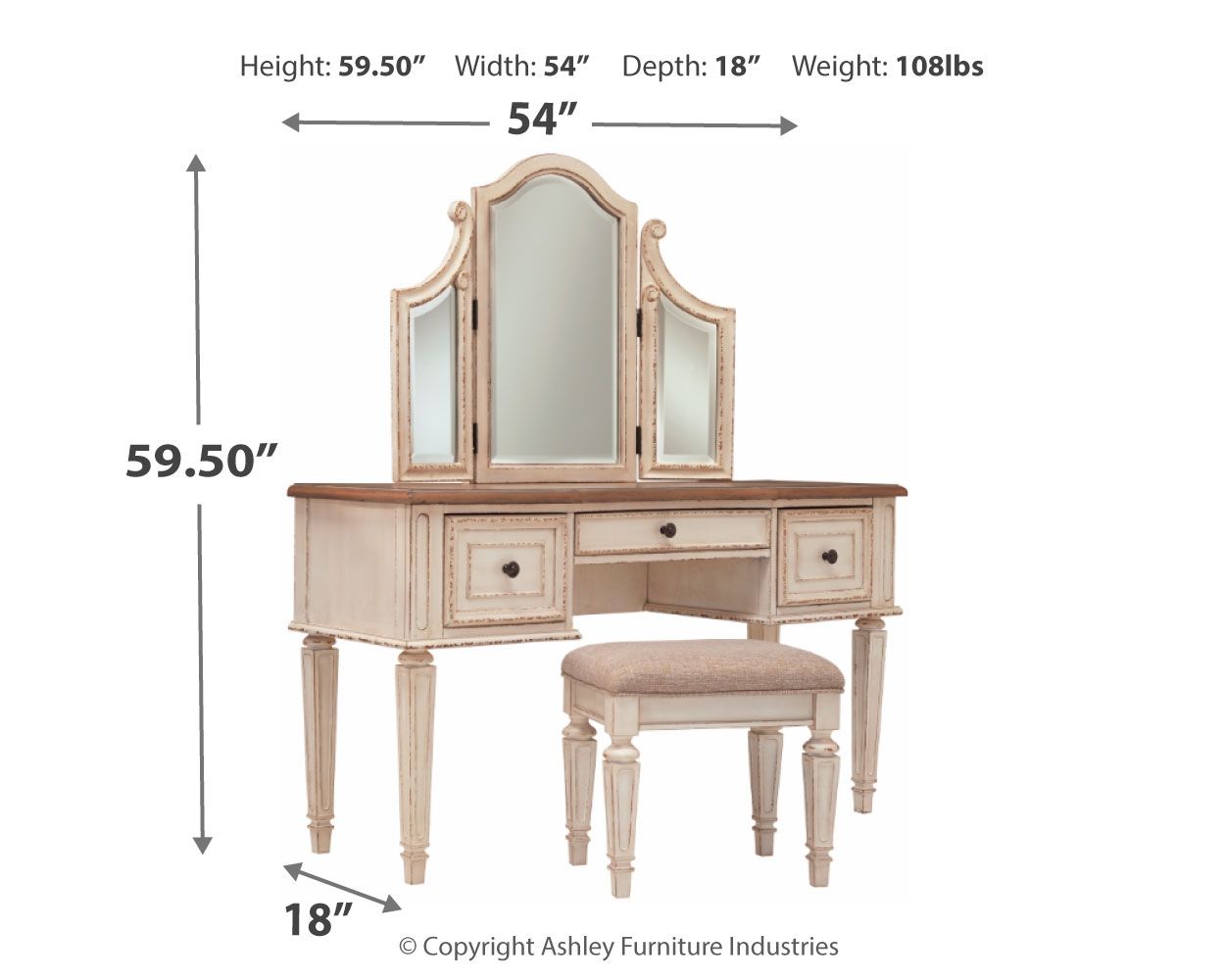 Ashley Furniture Realyn - White / Brown / Beige - Vanity/mirror/Stool (Set of 3) | Meri Furniture