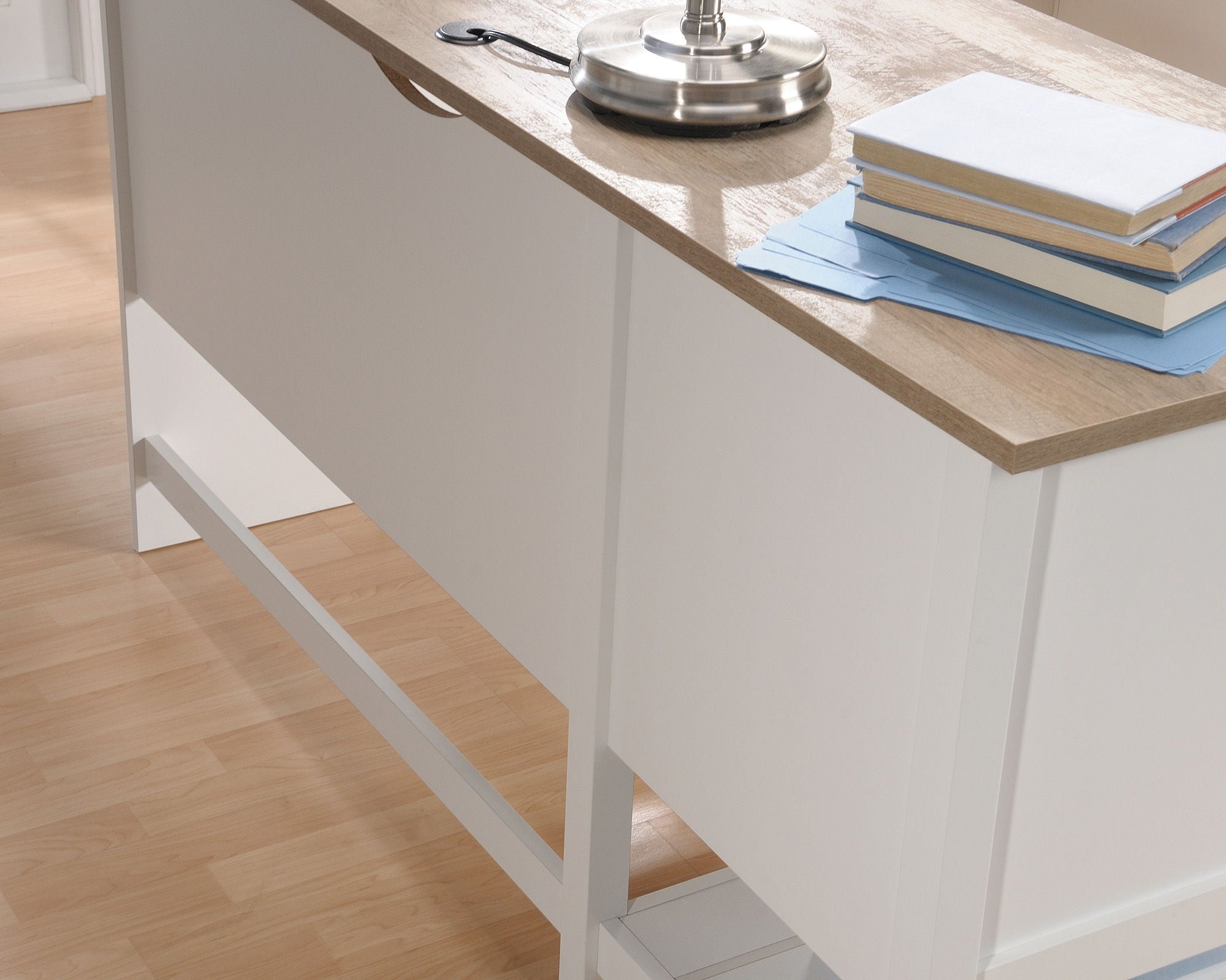 White L-Shaped Desk with Oak Finished Top