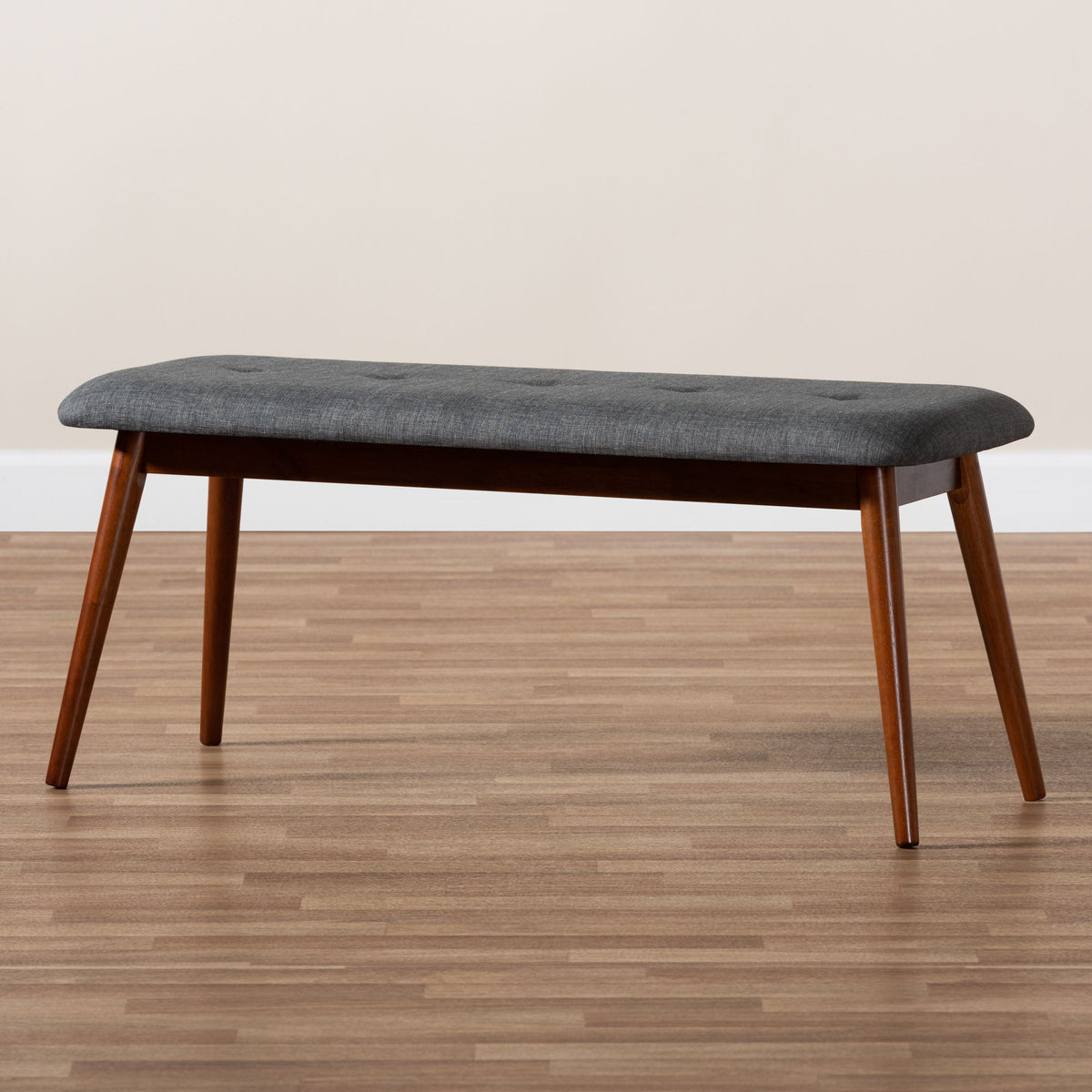 Flora II Mid-Century Modern Dark Grey Fabric Upholstered Medium Oak Finished Wood Dining Bench