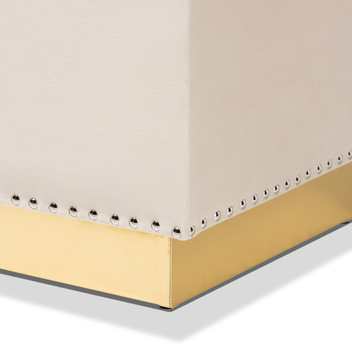 Powell Glam and Luxe Beige Velvet Fabric Upholstered and Gold PU Leather Storage Ottoman