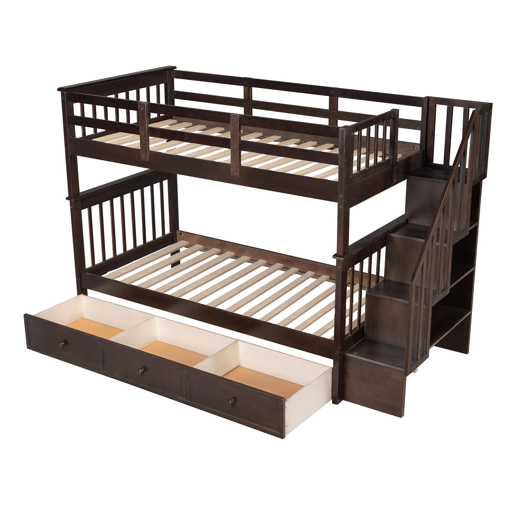 Stairway Bunk Bed With Storage And Guard Rail For Bedroom