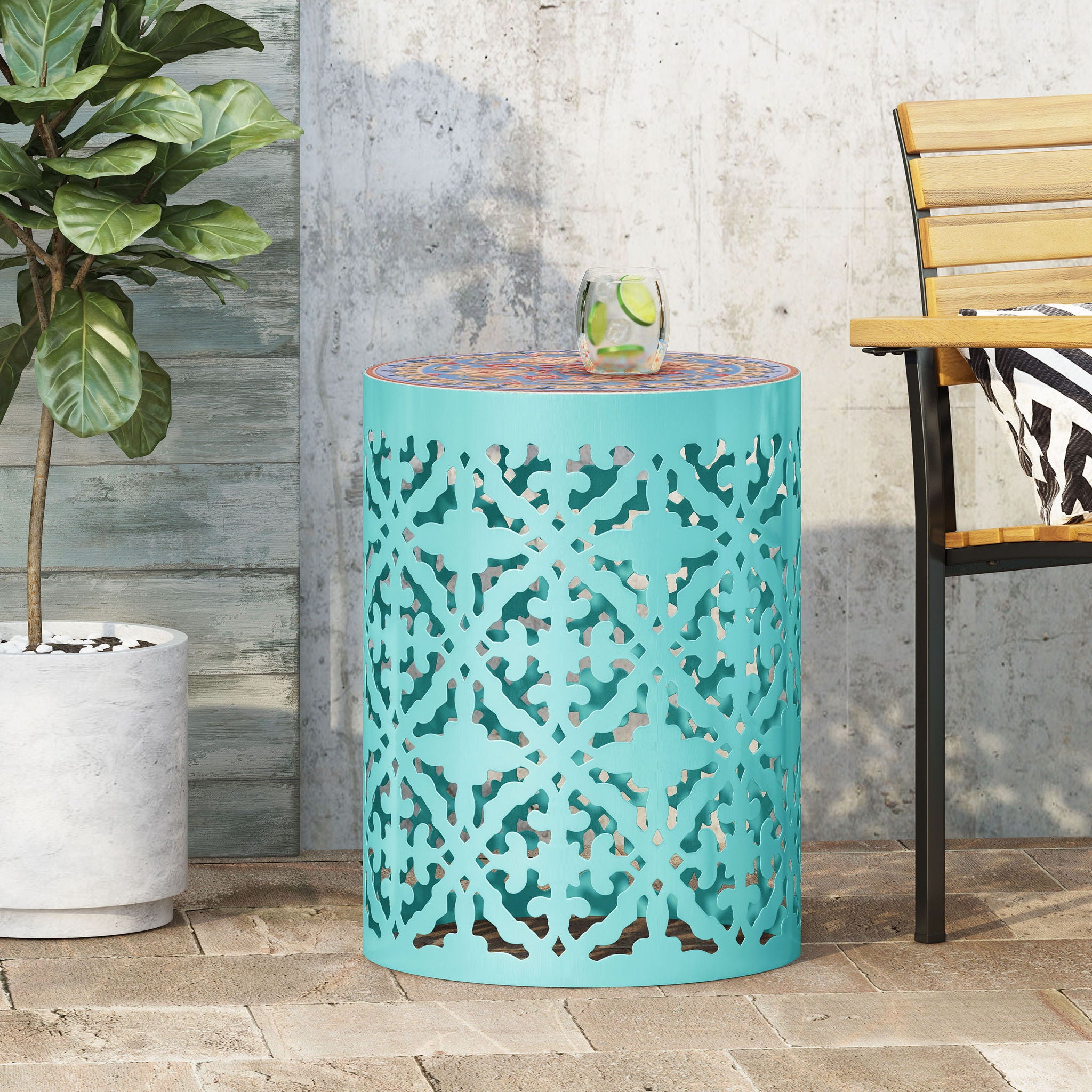 Airy - Outdoor Side Table With Lace Cut Design And Metal Frame