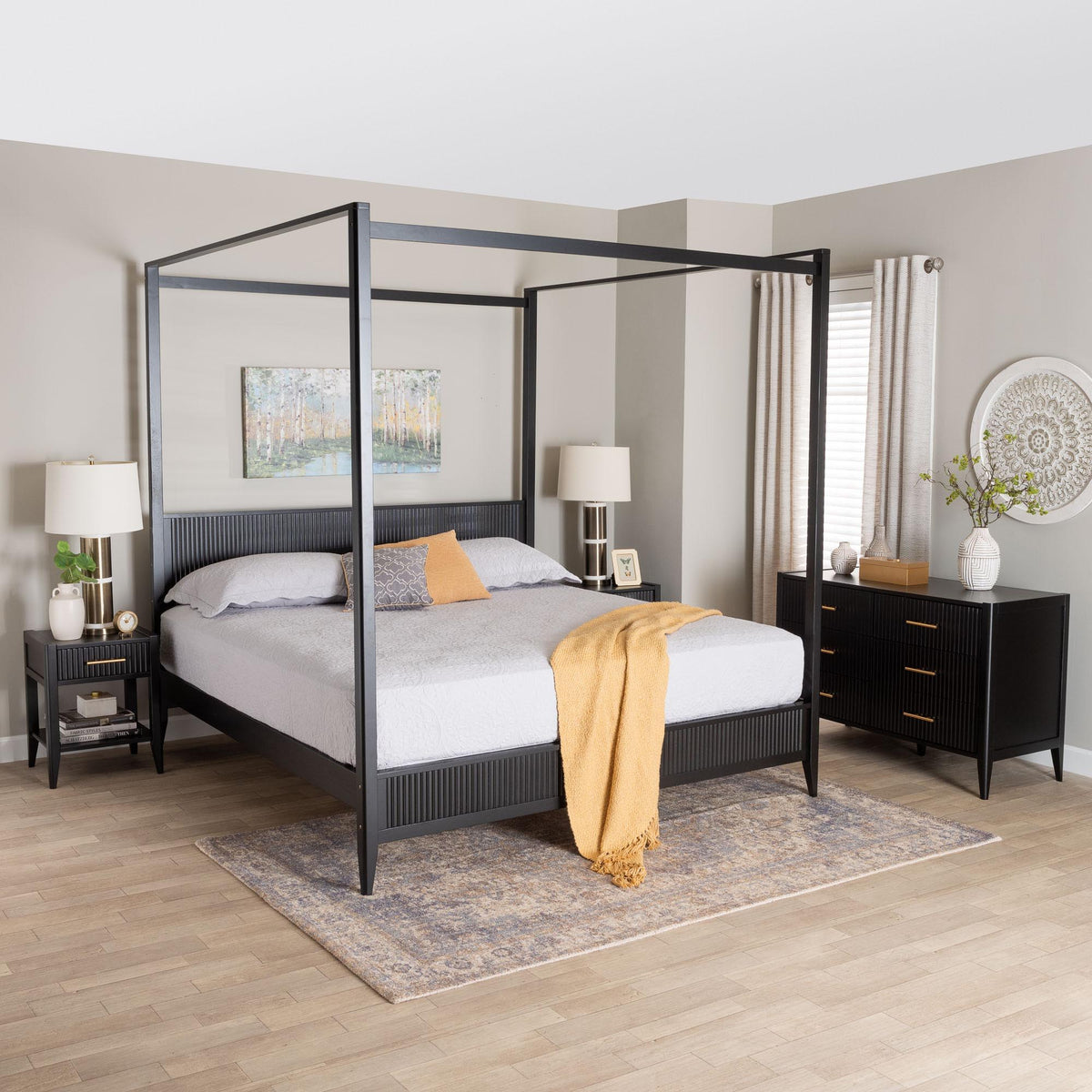 Primrose Mid-Century Black Fluted Wood King Size 4-Piece CaNopy Bedroom Set
