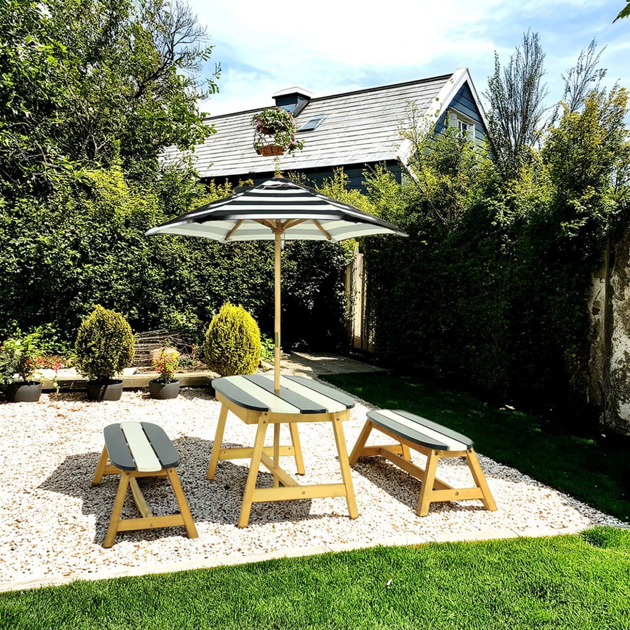 Naturally Playful Kids Picnic Table With Umbrella, Indoor / Outdoor Fun - Blue / White Stripes