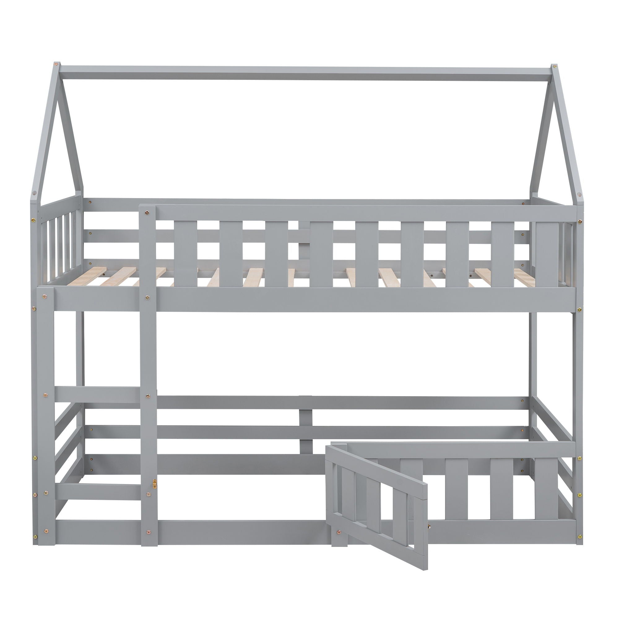 Twin Over Twin House Bunk Bed With Fence And Door