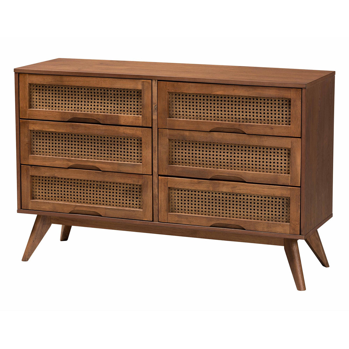Asami Mid-Century Modern Walnut Brown Finished Wood and Woven Rattan Queen Size 4-Piece Bedroom Set