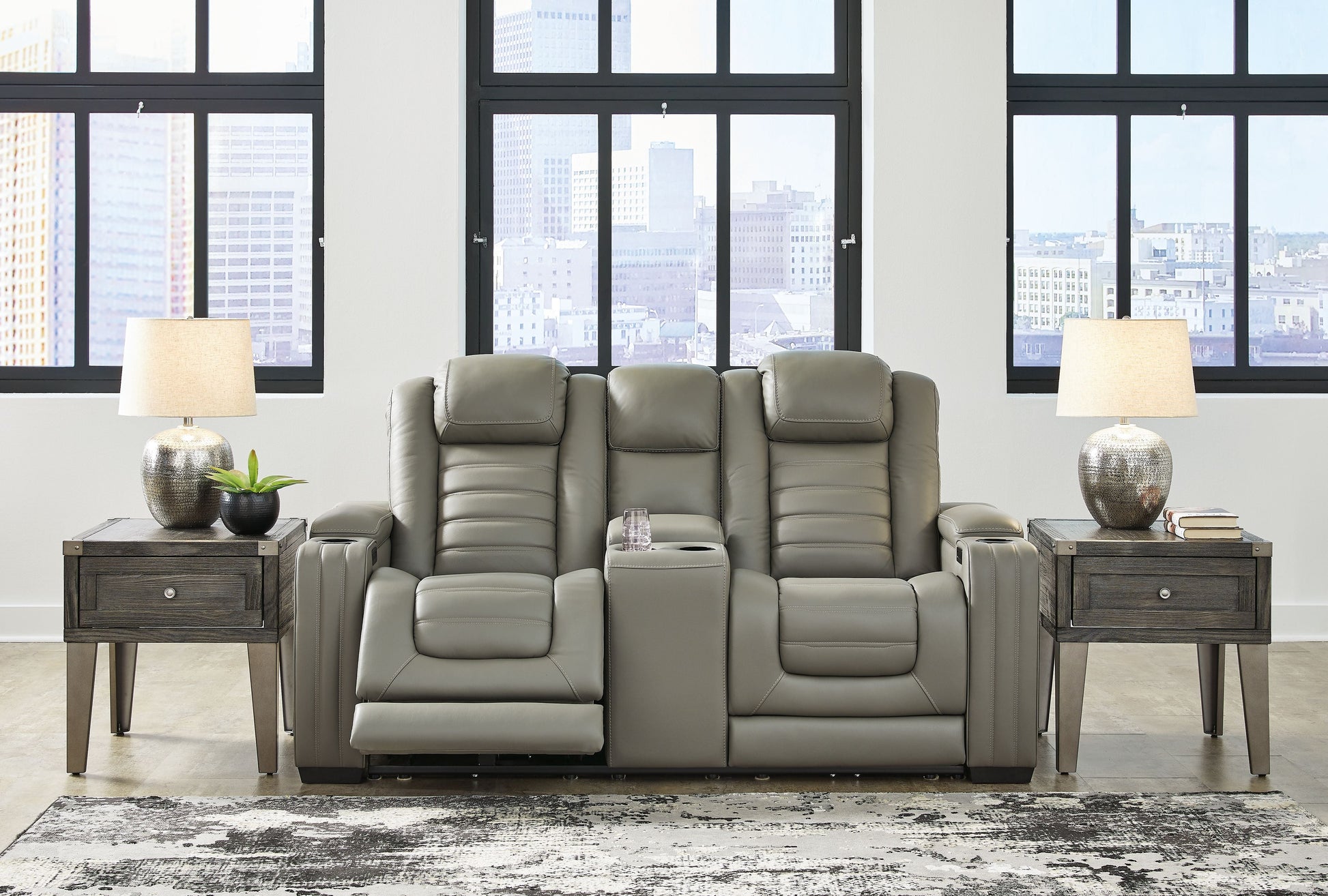 Signature Design by Ashley® Backtrack - Gray - Pwr Rec Loveseat/Con/Adj Hdrst | Meri Furniture