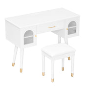 Elegant Vanity Makeup Table & Chair Set Modern Dressing Table With Organizer Writing Desk Charging Port Engineered Wood - White