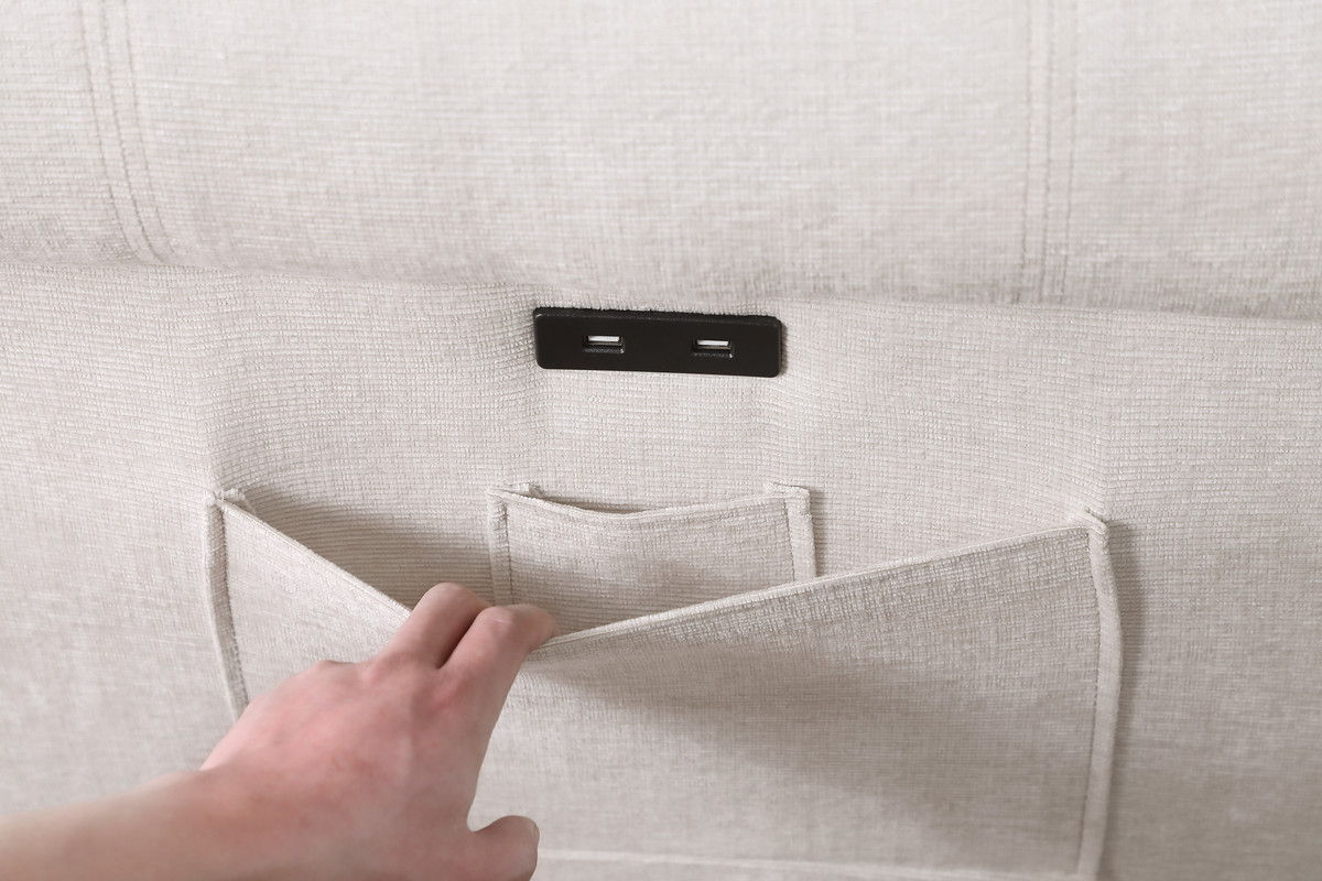 Hugo 97"W Beige Chenille Reversible Sleeper Sectional Sofa Chaise with USB Charger, Phone/Magazine Pockets