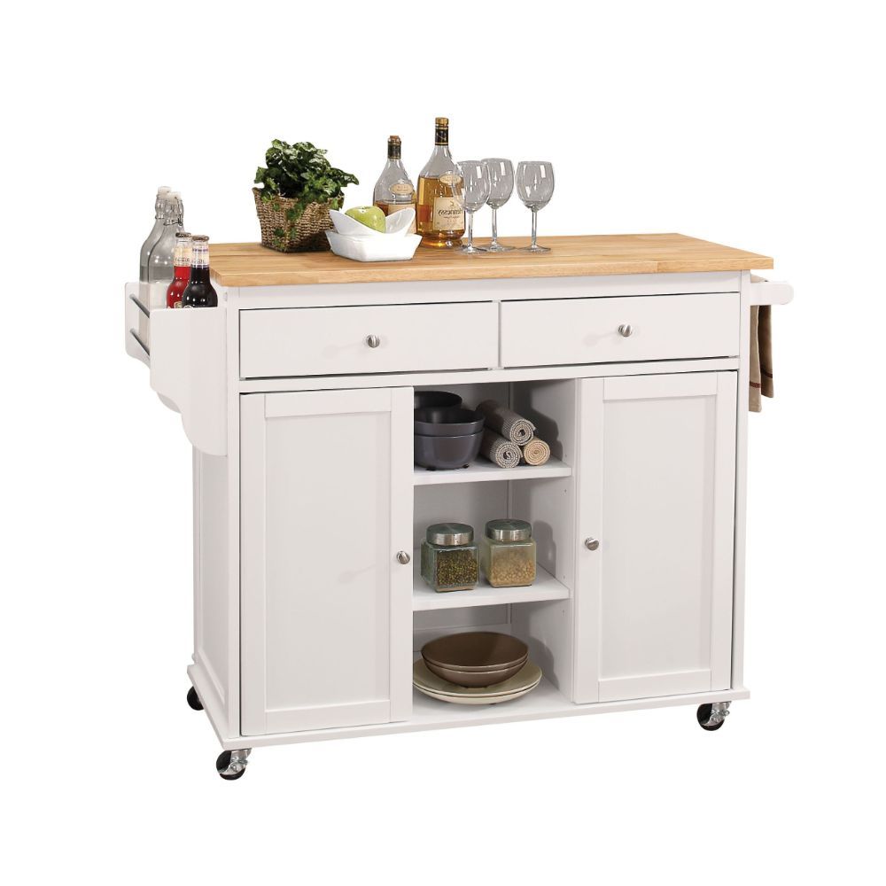 ACME Add storage space and charm to your kitchen with this Tullarick wheeled kitchen island. The stylish finish and natural wood top along with silver handles and pulls make this cart an adorable addition to cottage, contemporary or beach decor schemes. |