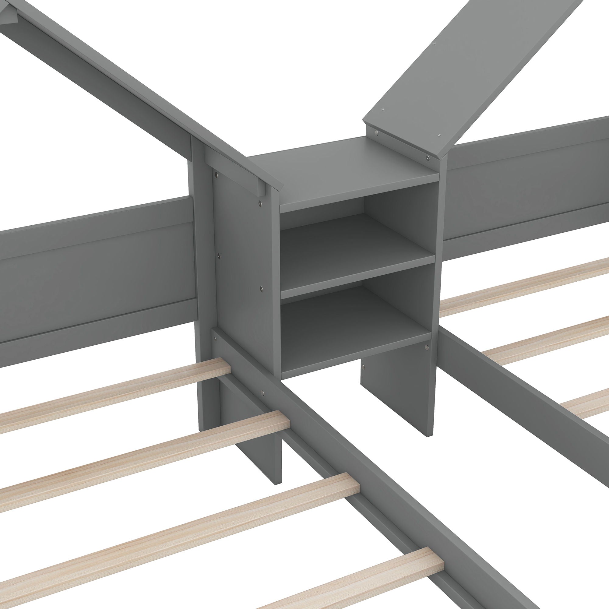 Double Platform Bed With House Shaped Headboard And Built In Nightstand