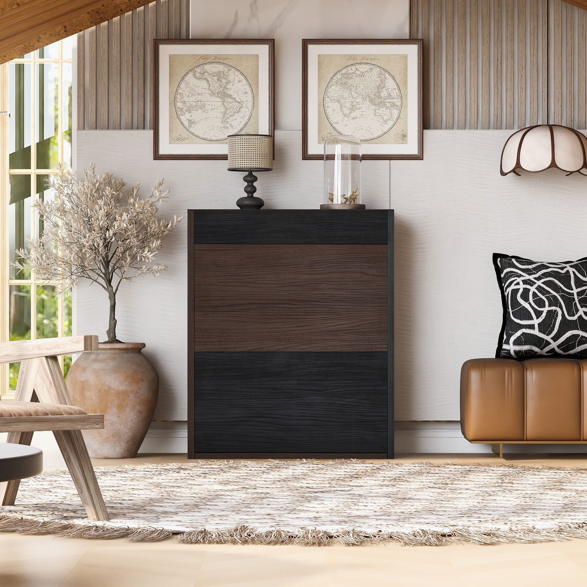 Modern Extendable & Rotating Cabinet With Drawer And Flip Doors For Versatile Storage - Black / Dark Walnut