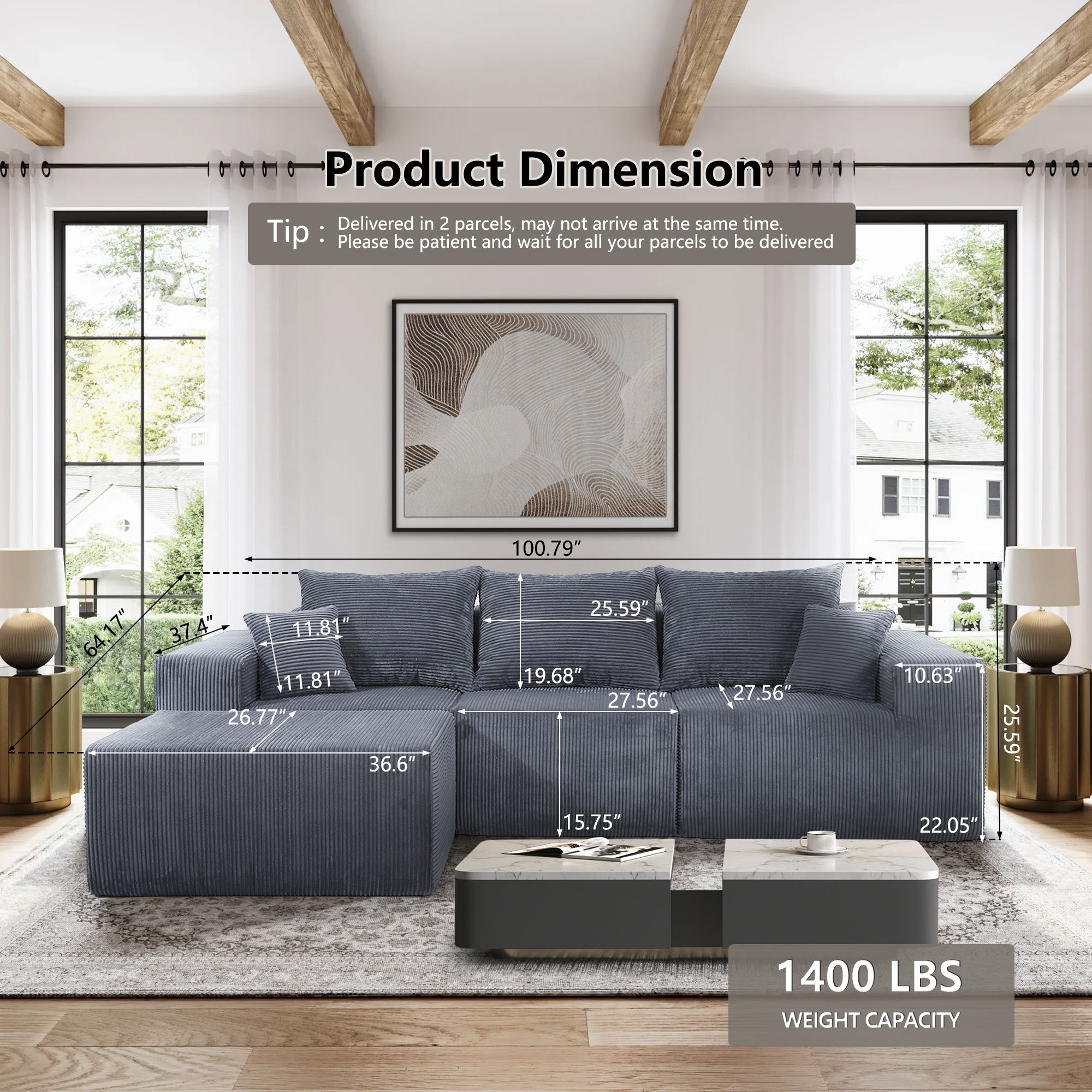 Modular Sectional Sofa, Convertible Couch With Chaise Corduroy