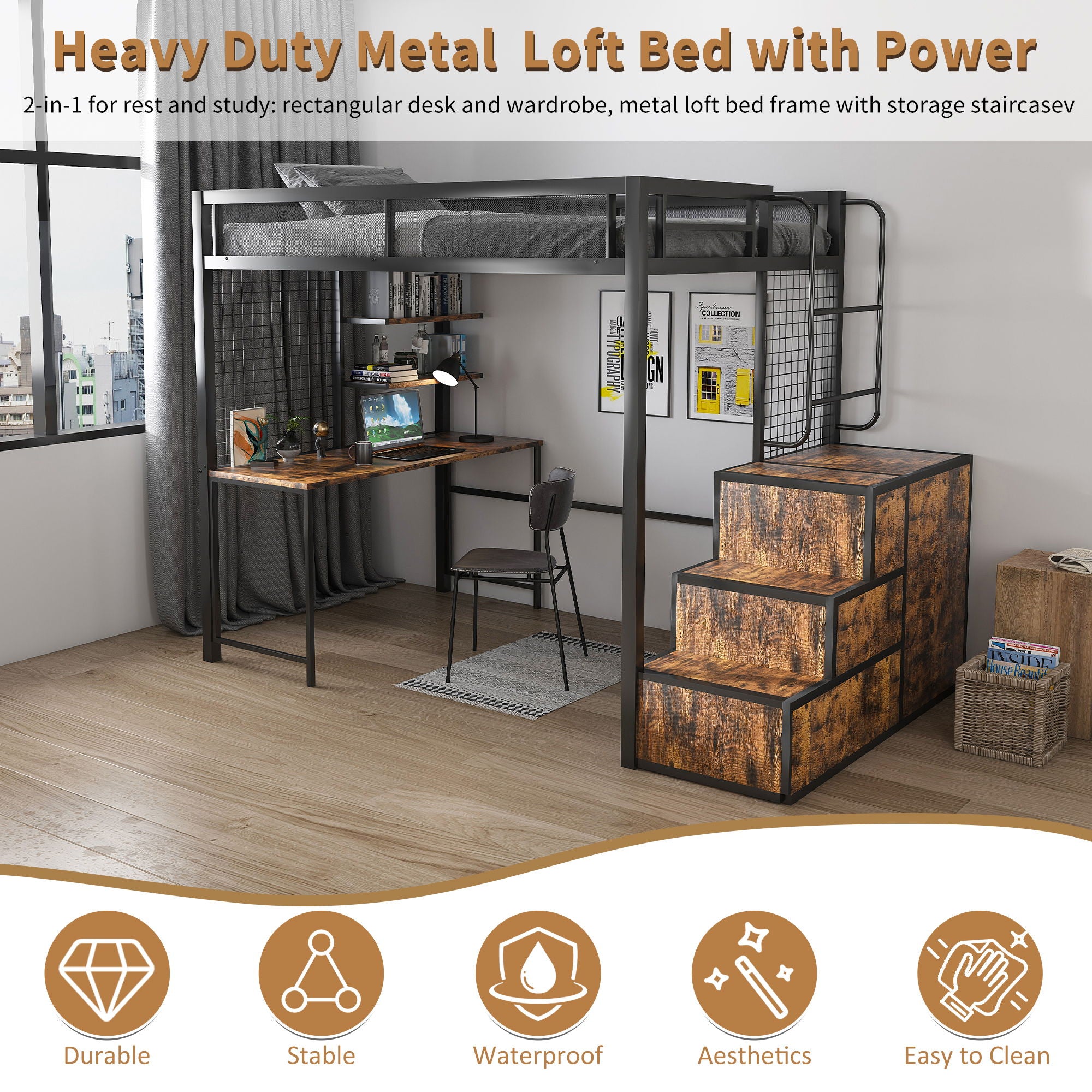 Heavy Duty Full Loft Bed With Desk & USB Charging Metal Frame With Storage Drawers And Staircase - Black