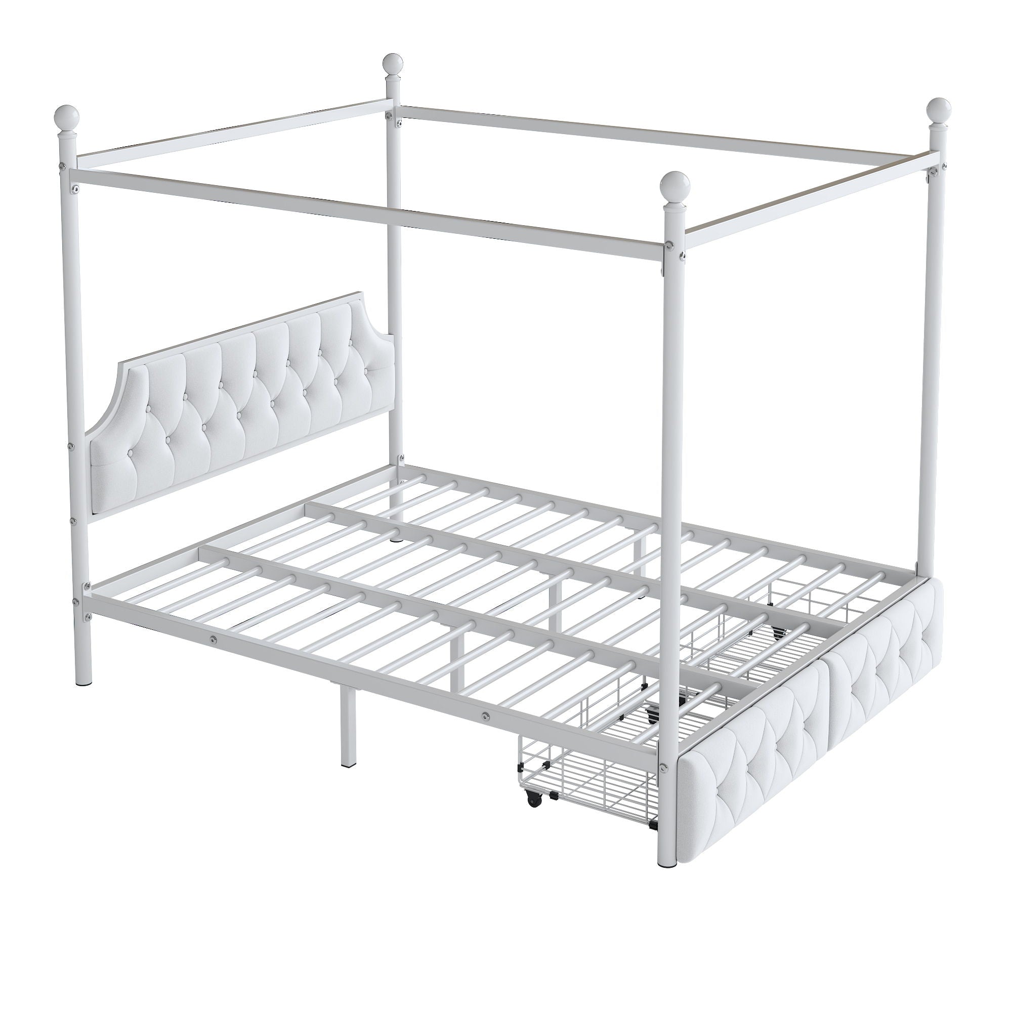 Canopy Platform Bed With Upholstered Headboard And 2 Storage Drawers - White