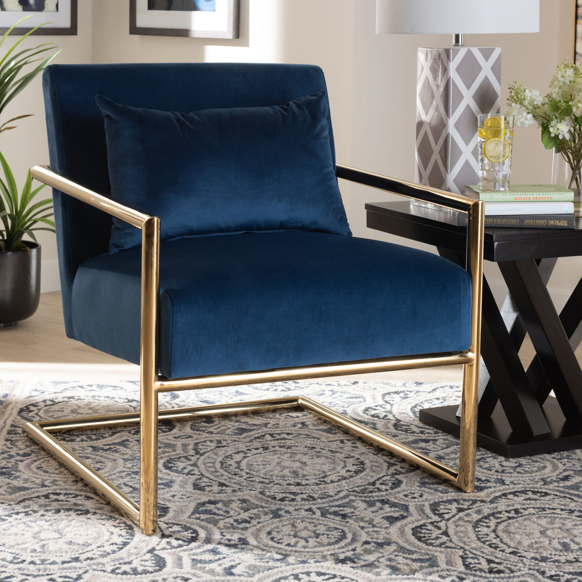 Mira Glam and Luxe Navy Blue Velvet Fabric Upholstered Gold Finished Metal Lounge Chair