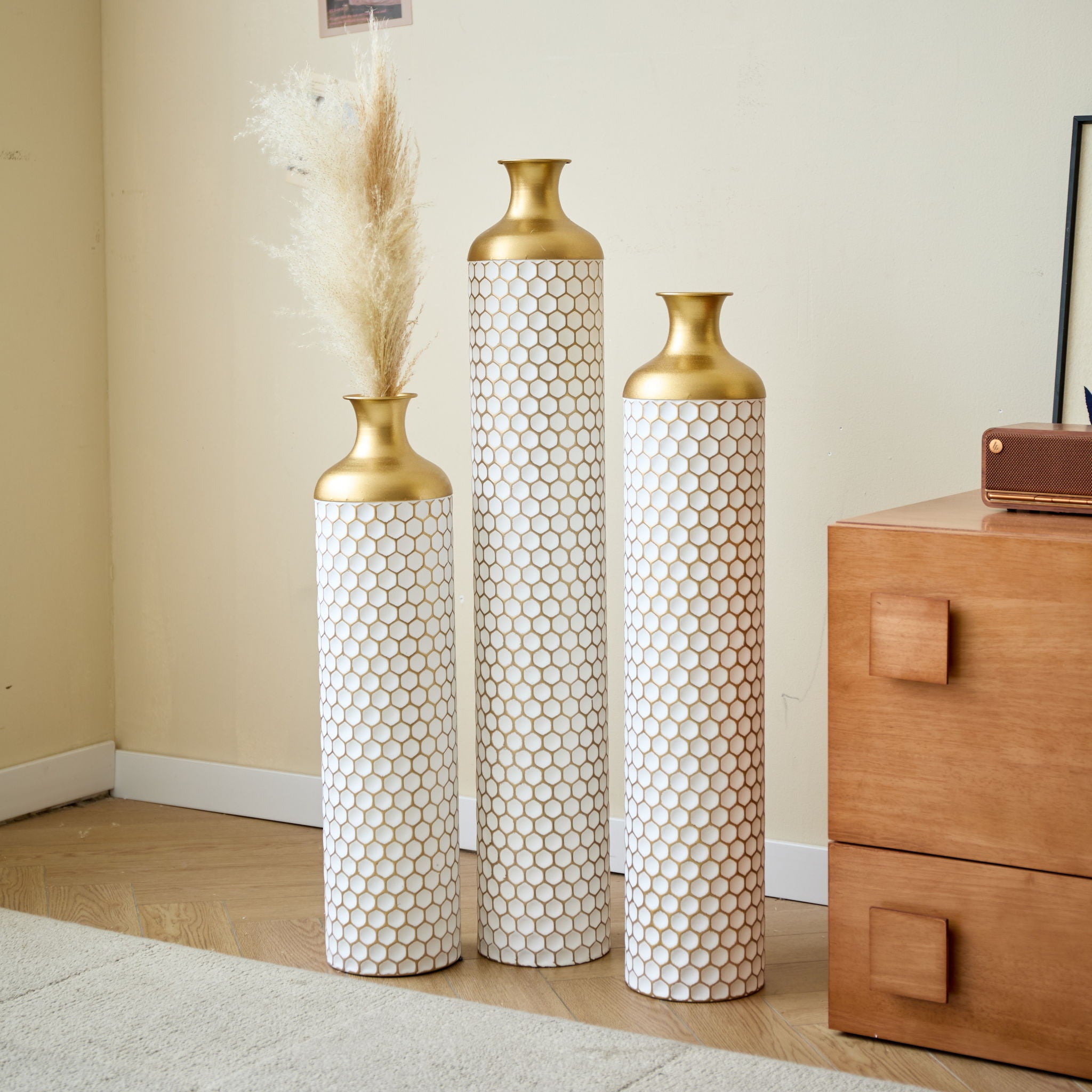 3 Piece Set Gorgeous Home Decoration Large Glazed Floor Vase Decoration Home Droplet Shaped - Gold / White