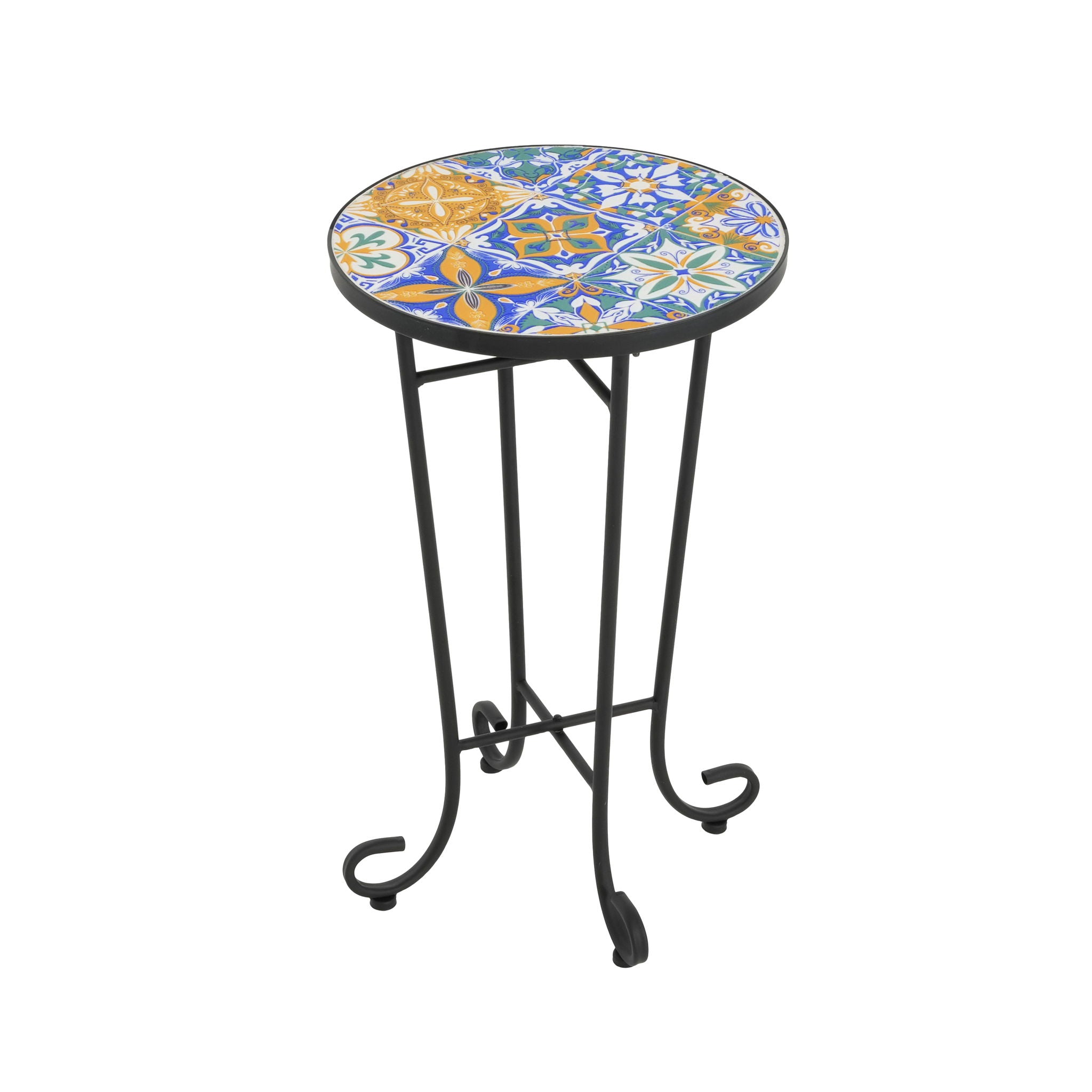 French Country Patio Side Table With Vibrant Tile Top