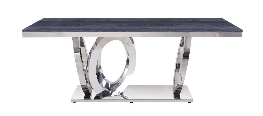 ACME Nasir - Dining Table - Gray Printed Faux Marble & Mirrored Silver Finish | Meri Furniture