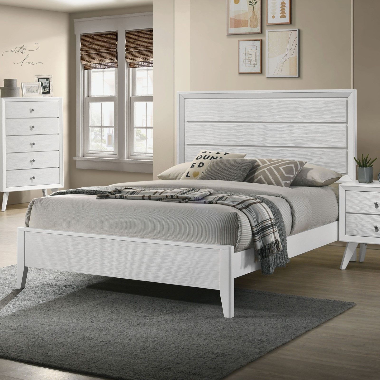 3 Piece Contemporary Bed Set With Wave Texture Panels And Angled Legs