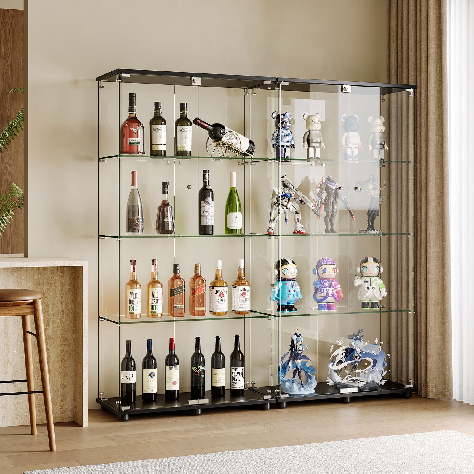 Modern Glass Display Cabinet With 4 Shelf Double Doors And Lock, Tempered Glass Bookshelf For Living Room - Black