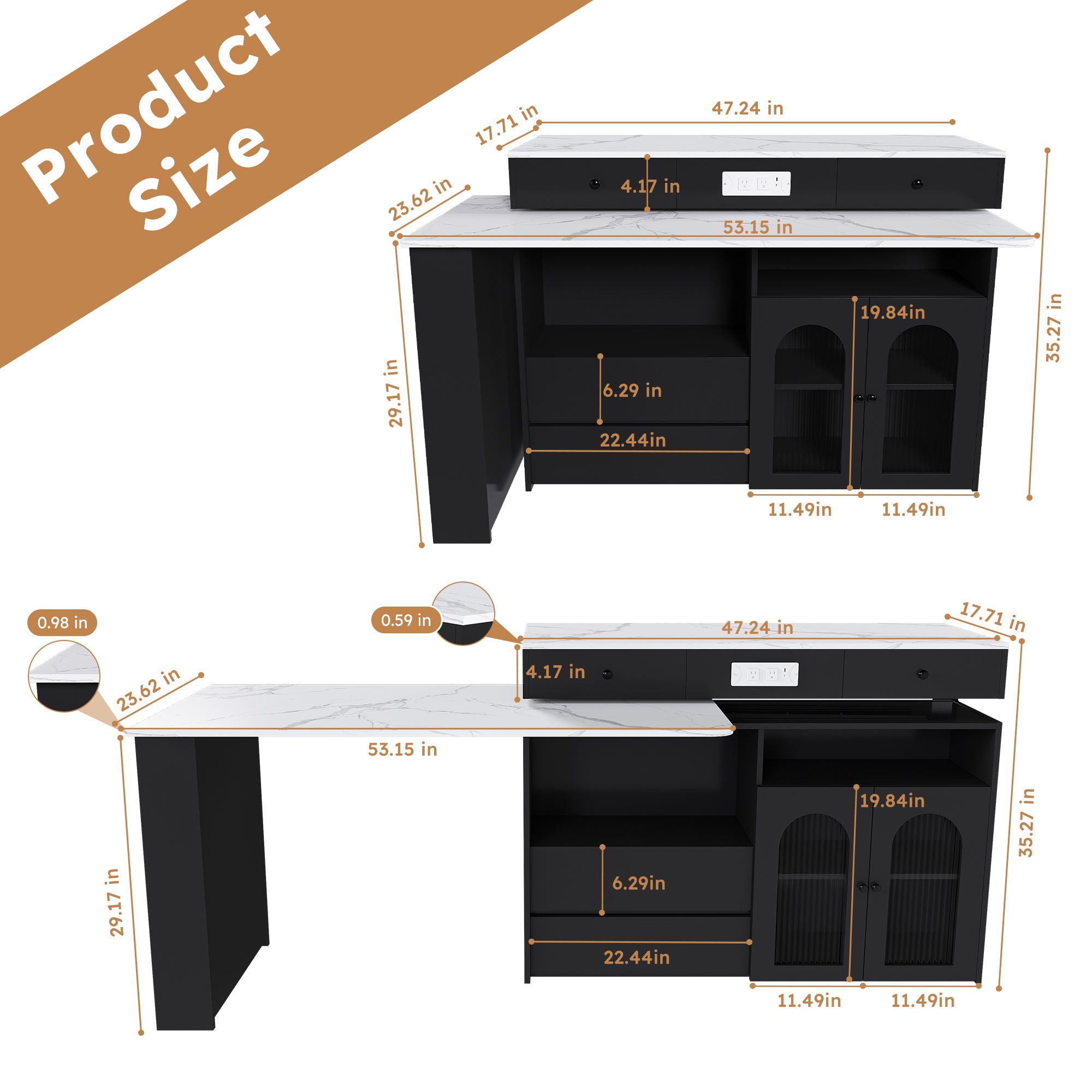 Kitchen Island With Extendable Rotating Table, 4 Drawers & Glass Door Cabinets, Built In Socket - Black