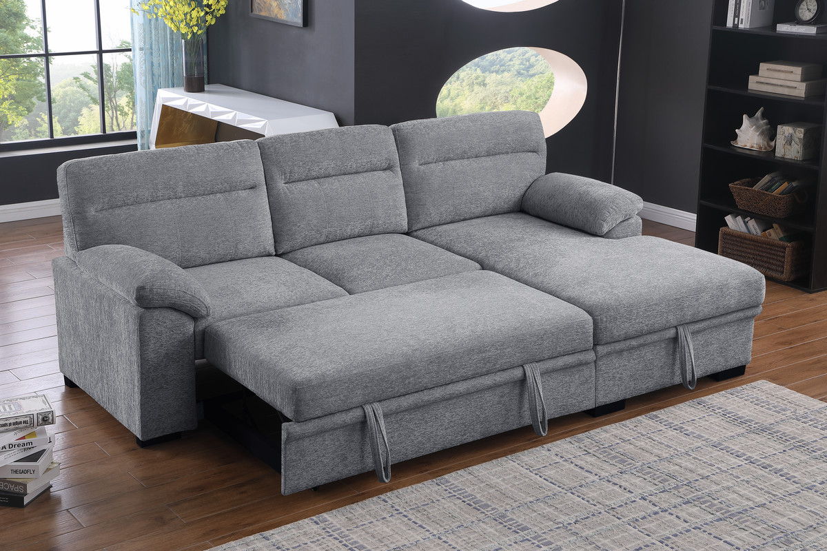 Kipling II 94"W Light Gray Chenille Fabric Sleeper Sectional Sofa with Right-Facing Chaise, Cupholders, USB Charging port