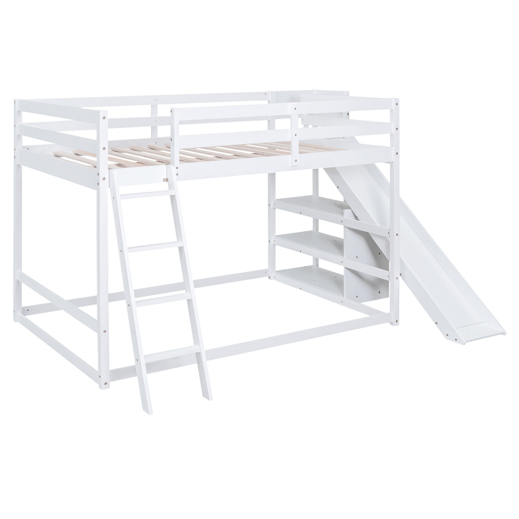 Bunk Bed With Ladder, Slide, And Shelves Pine Wood