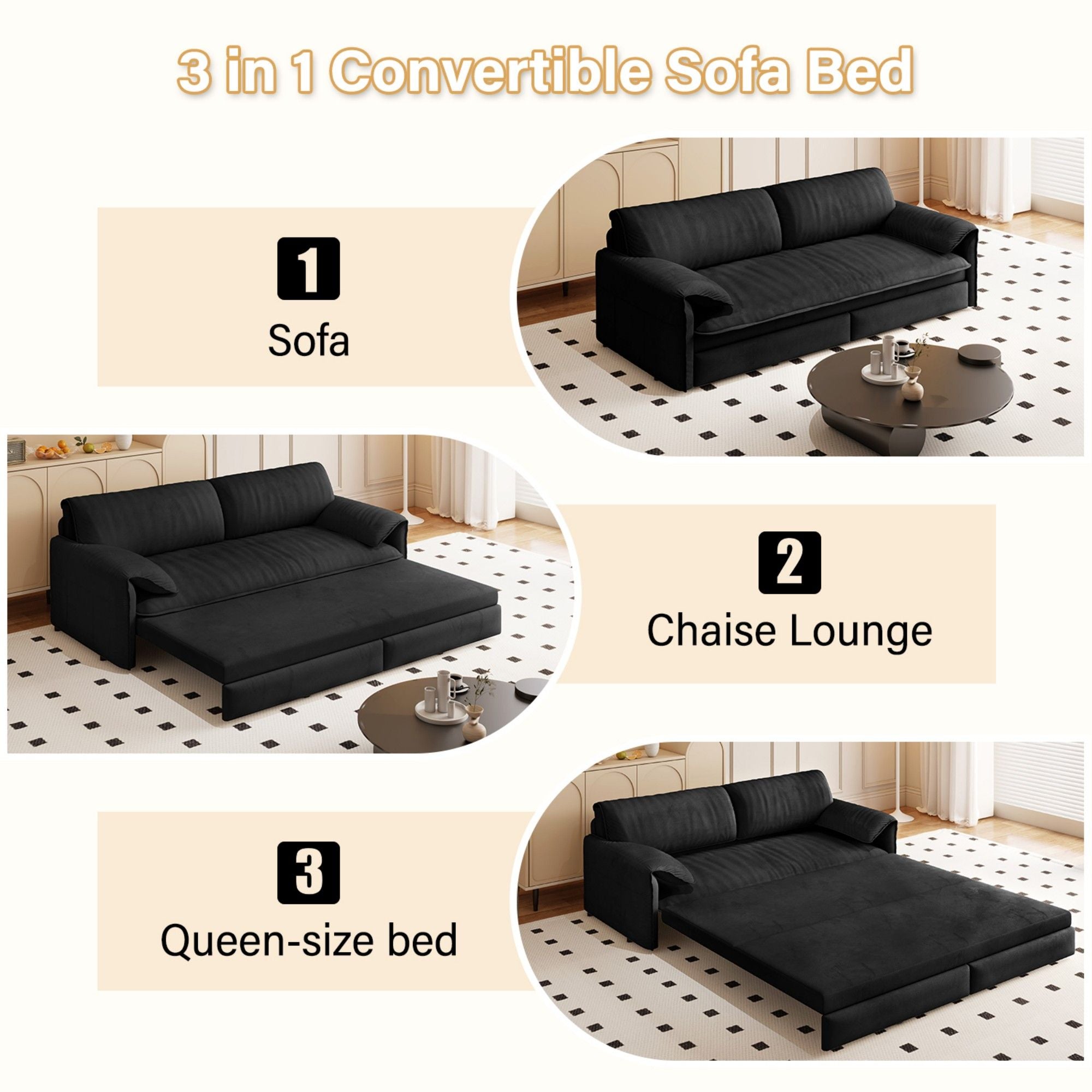 Pull Out 3 In 1 Convertible Sleeper Sofa With Side Storage, Multi Functional