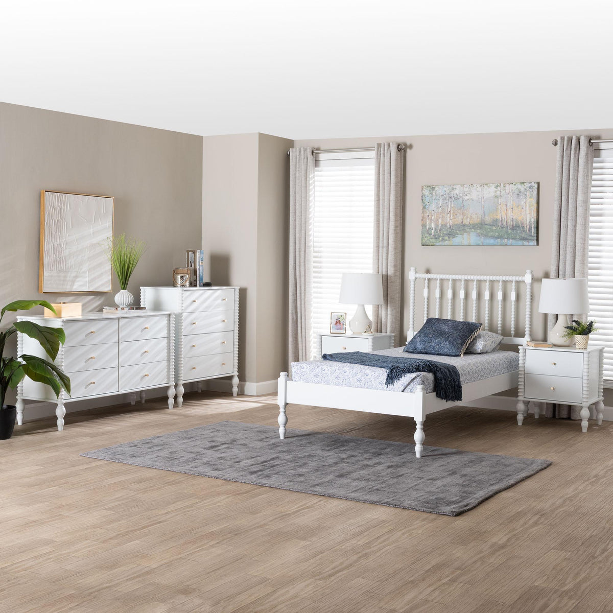 Callison Spindle 5-Piece Bedroom Set - Farmhouse Platform Bed with Matching Dresser, Chest, and 2-Drawer Nightstands, White, Twin