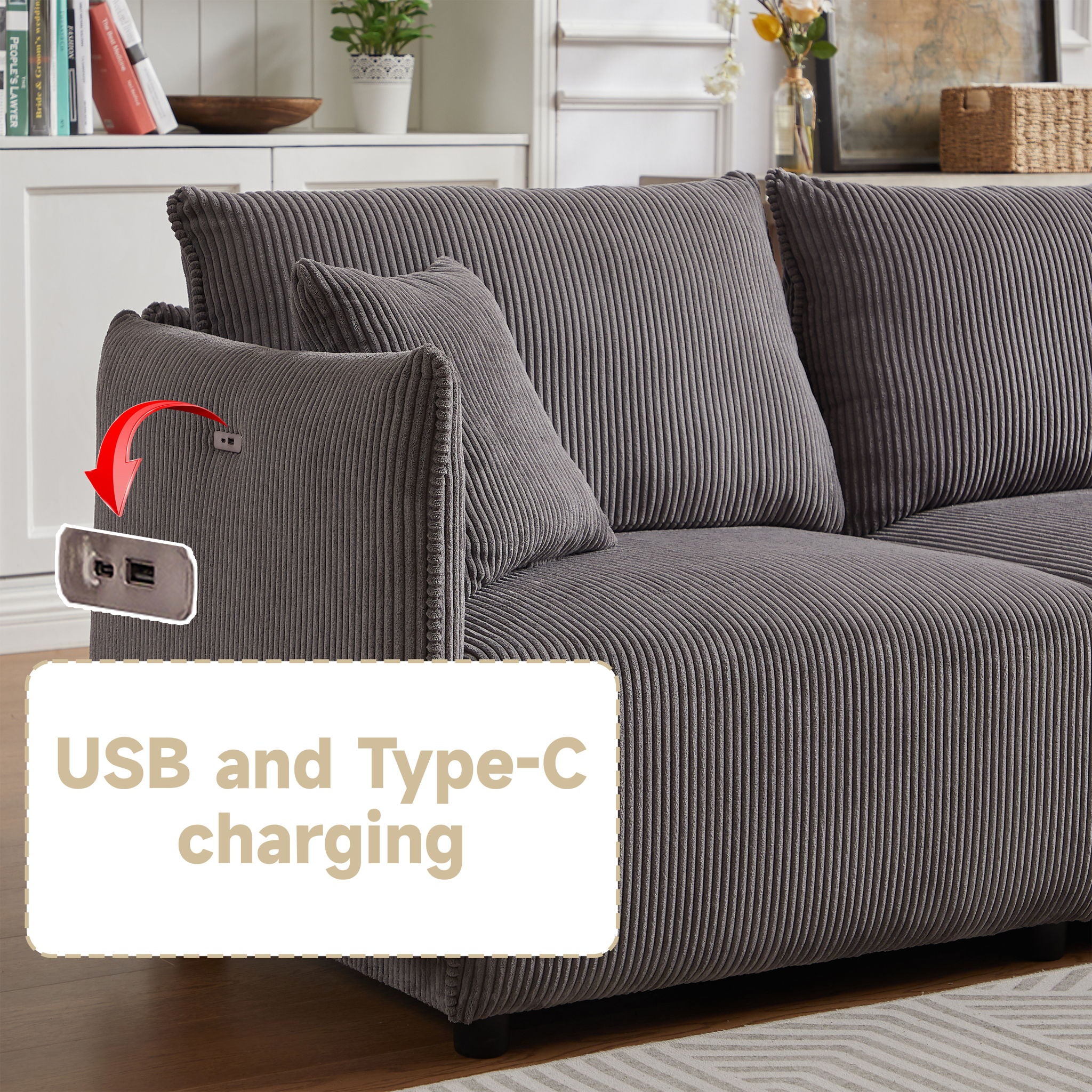 Modern Minimalist Corduroy Combination Sofa With 2 Comfort Cushions With USB & C Charging Ports