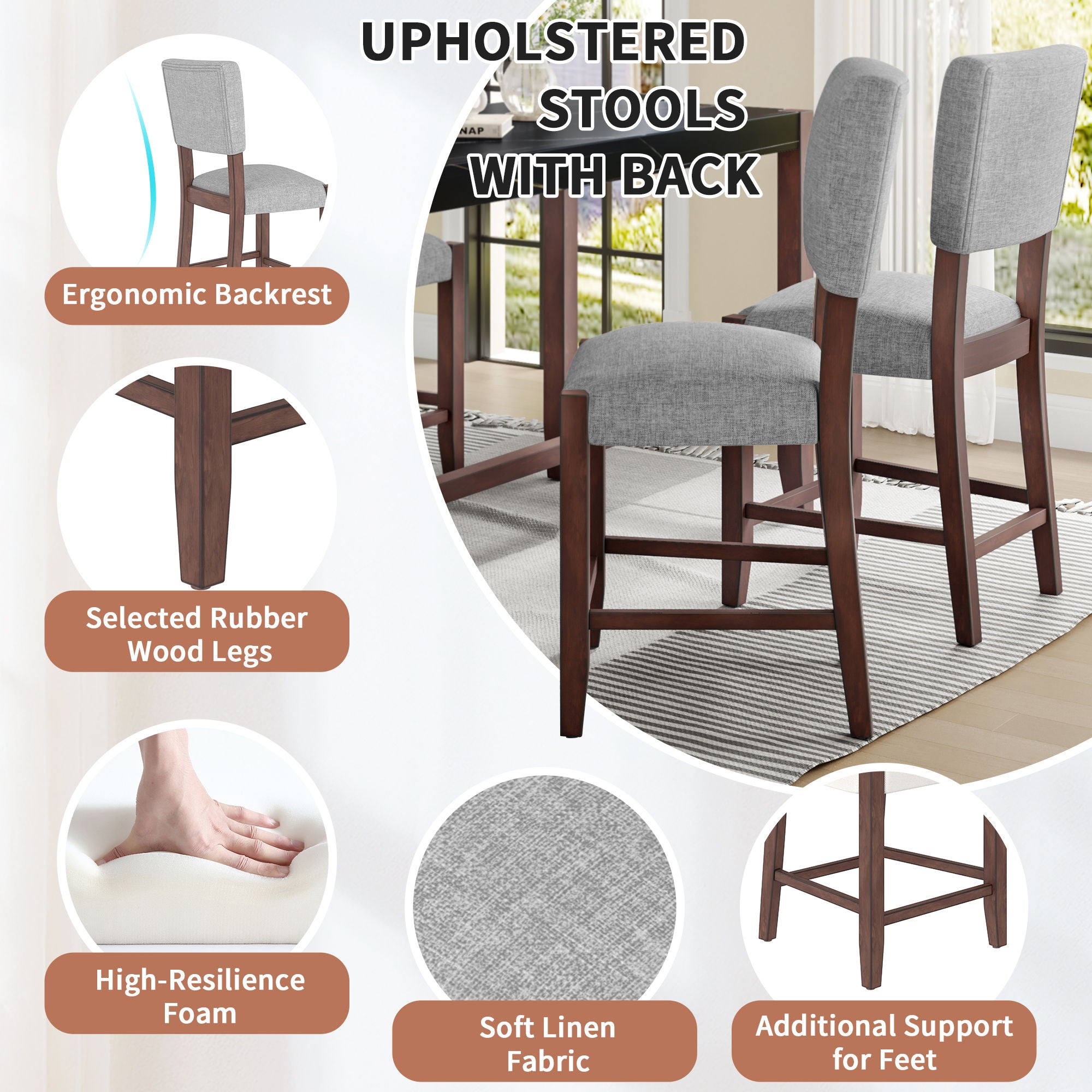 5 Piece Counter Height Dining Set, Bar Table With 4 Upholstered Chairs