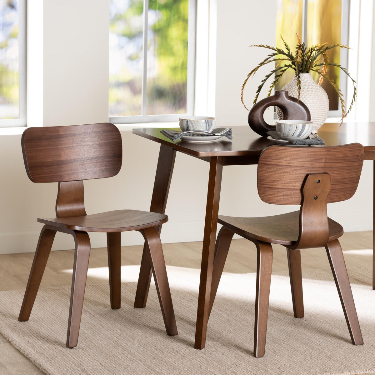 Billie Wood 2-Piece Dining Chair Set - Bentwood Frame Seating with Contoured Seat and Backrest, Mid-Century Style Side Chair for Dining Room or Kitchen