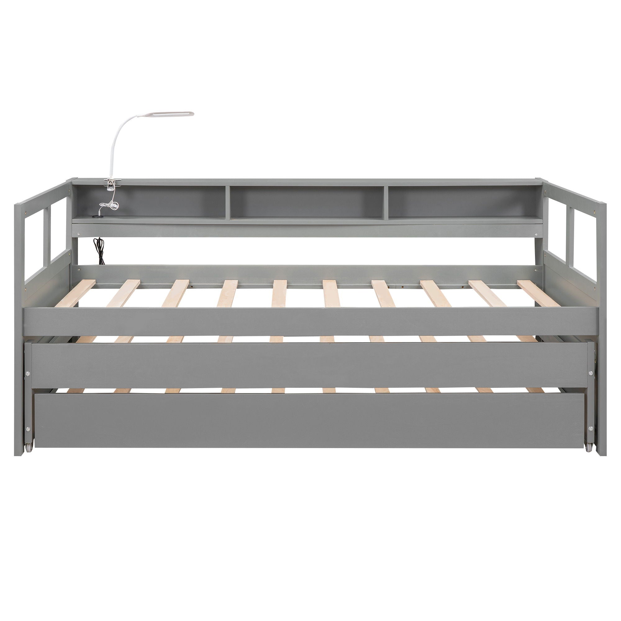 Daybed With 2 Trundles, 3 Storage Cubbies, Built In USB Charging Light