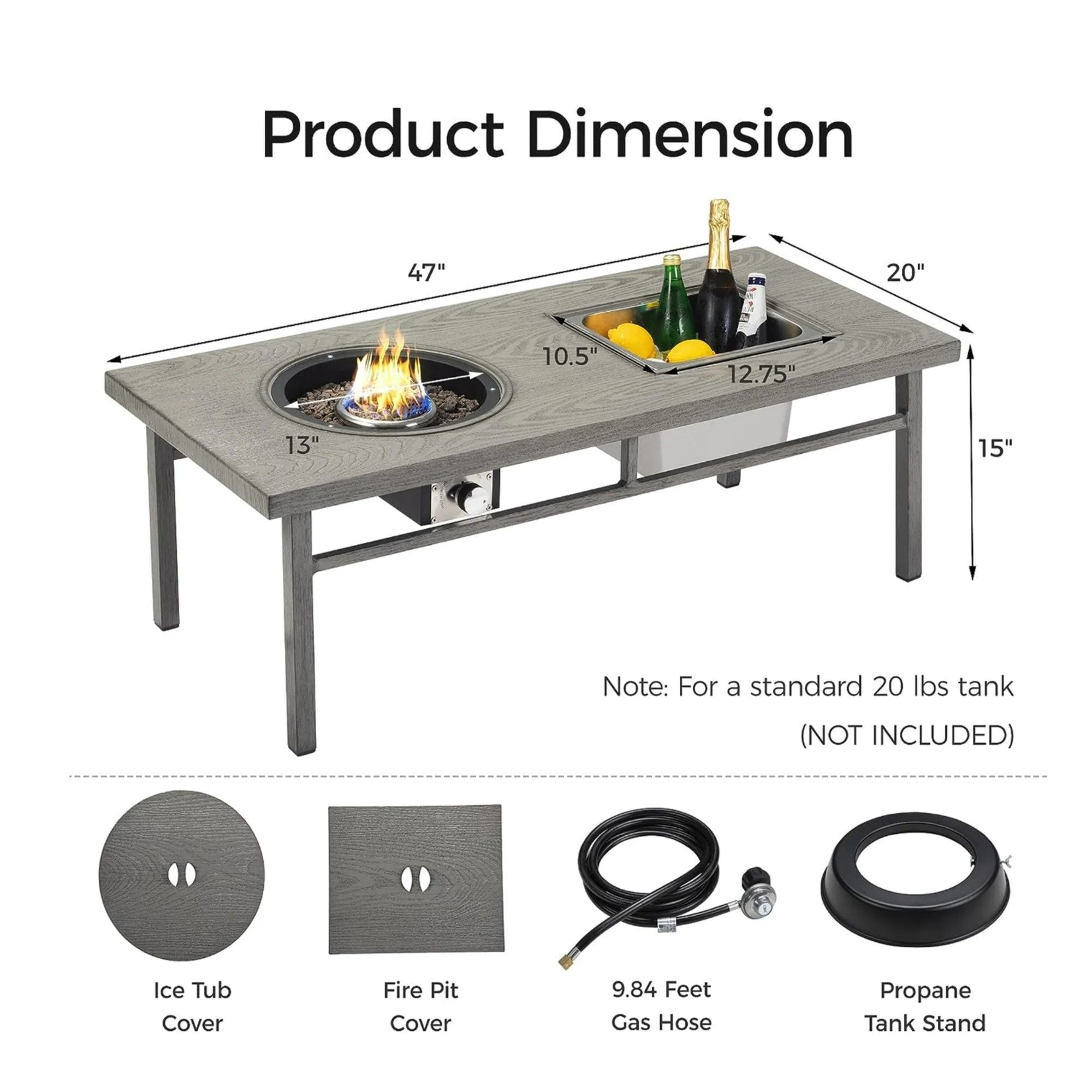 3 In 1 Outdoor Propane Fire Pit Table 50, 000 BTU With Ice Bucket - Gray