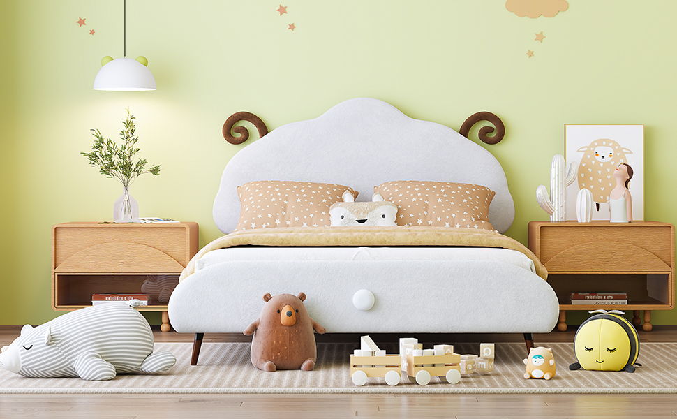 Upholstered Platform Bed With Sheep Shaped Headboard