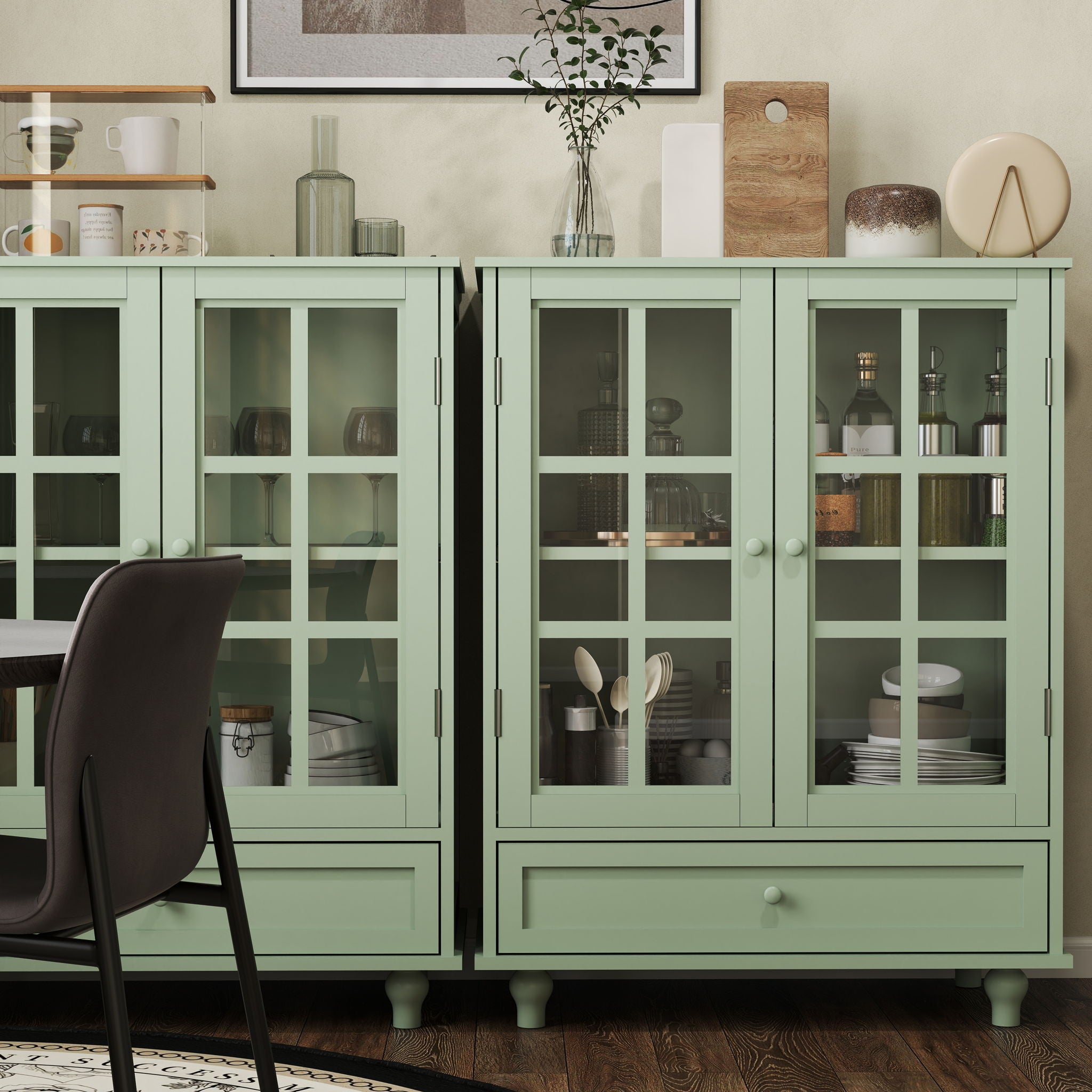 Minimalist Buffet Cabinet With Double Glass Doors And Drawer