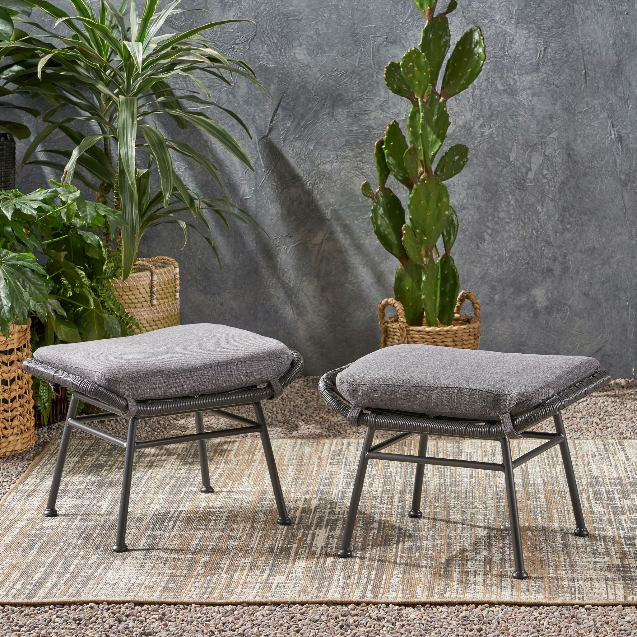 Outdoor Modern Boho Wicker Ottoman With Cushions (Set of 2)
